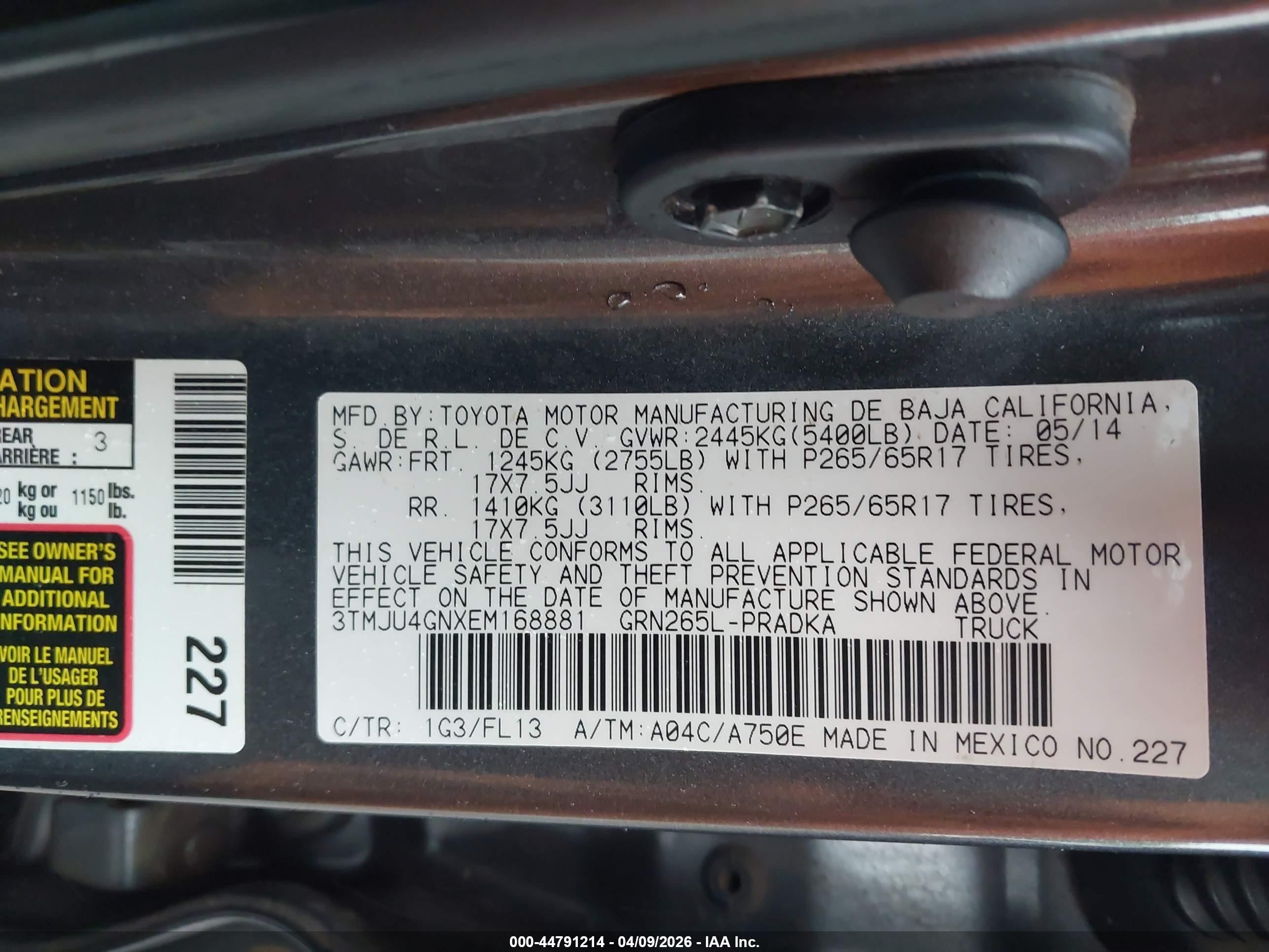 2014 Toyota Tacoma Prerunner V6 Gray vin: 3TMJU4GNXEM168881