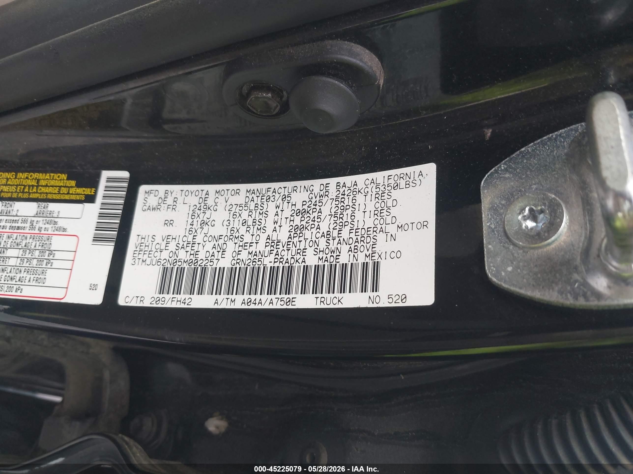 2005 Toyota Tacoma Prerunner V6 Black vin: 3TMJU62N05M002257
