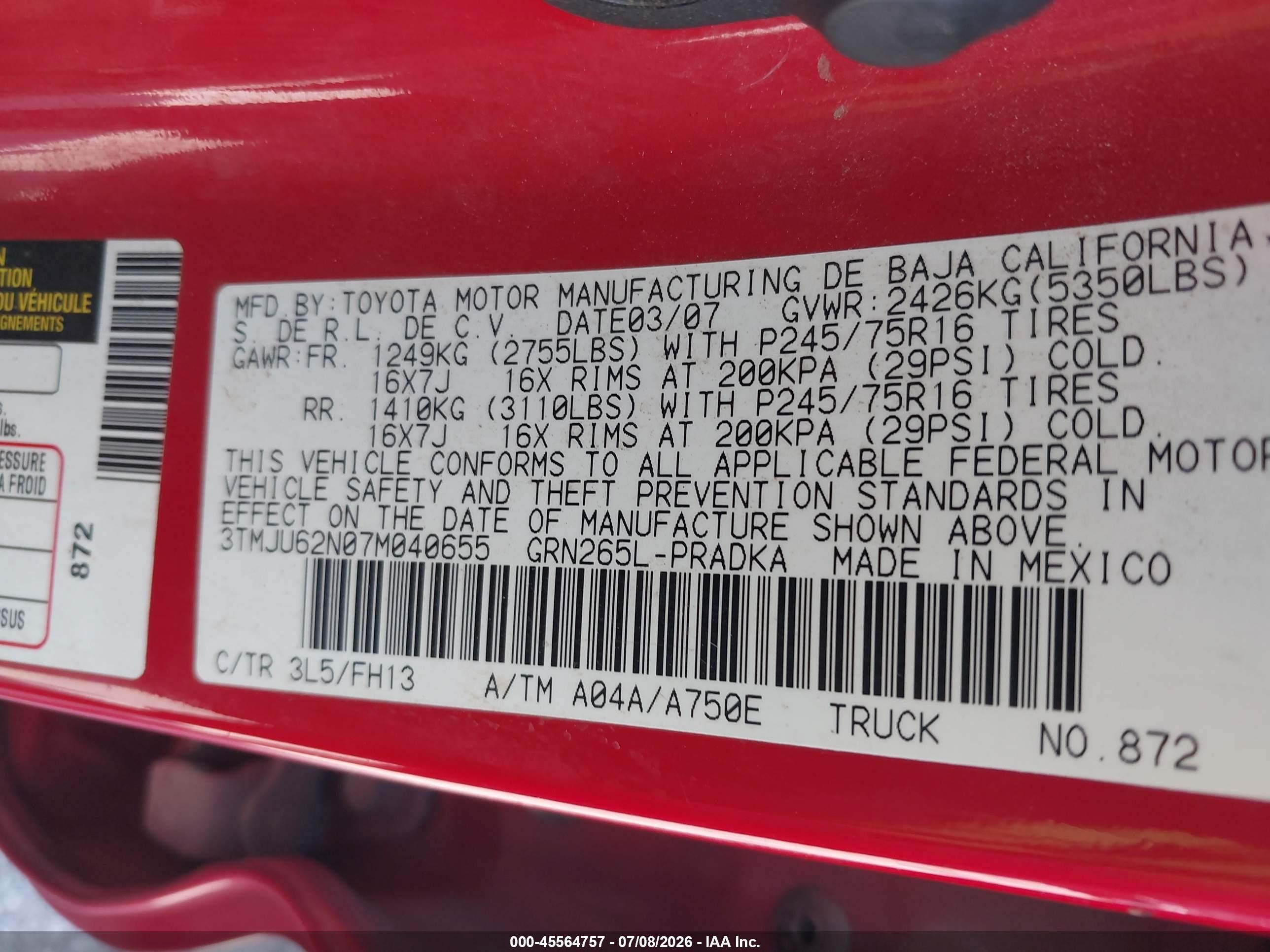 2007 Toyota Tacoma Prerunner V6 Red vin: 3TMJU62N07M040655
