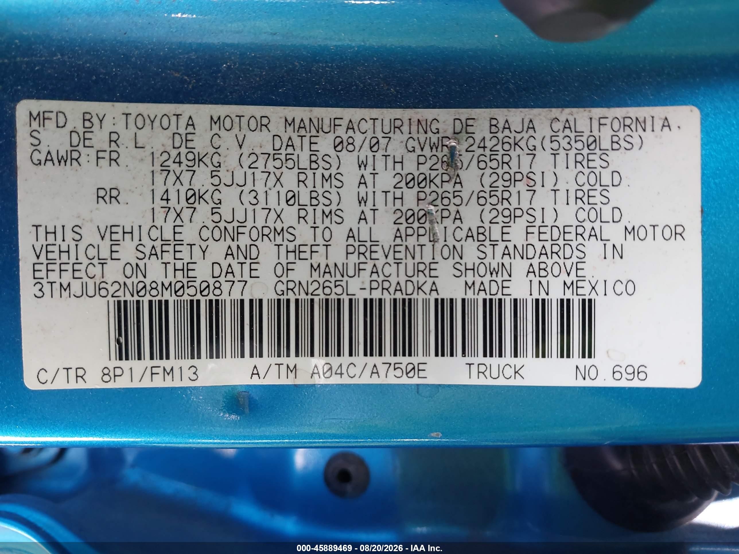 2008 Toyota Tacoma Prerunner V6 Light Blue vin: 3TMJU62N08M050877