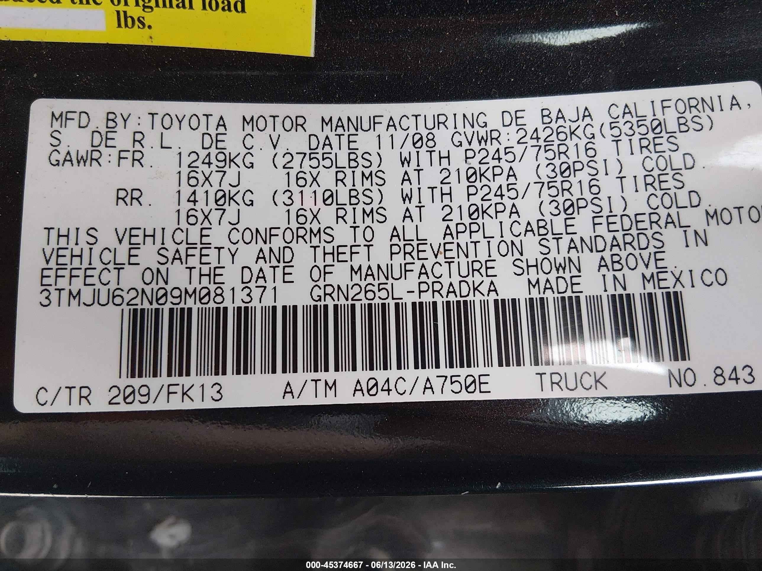 2009 Toyota Tacoma Prerunner V6 Black vin: 3TMJU62N09M081371