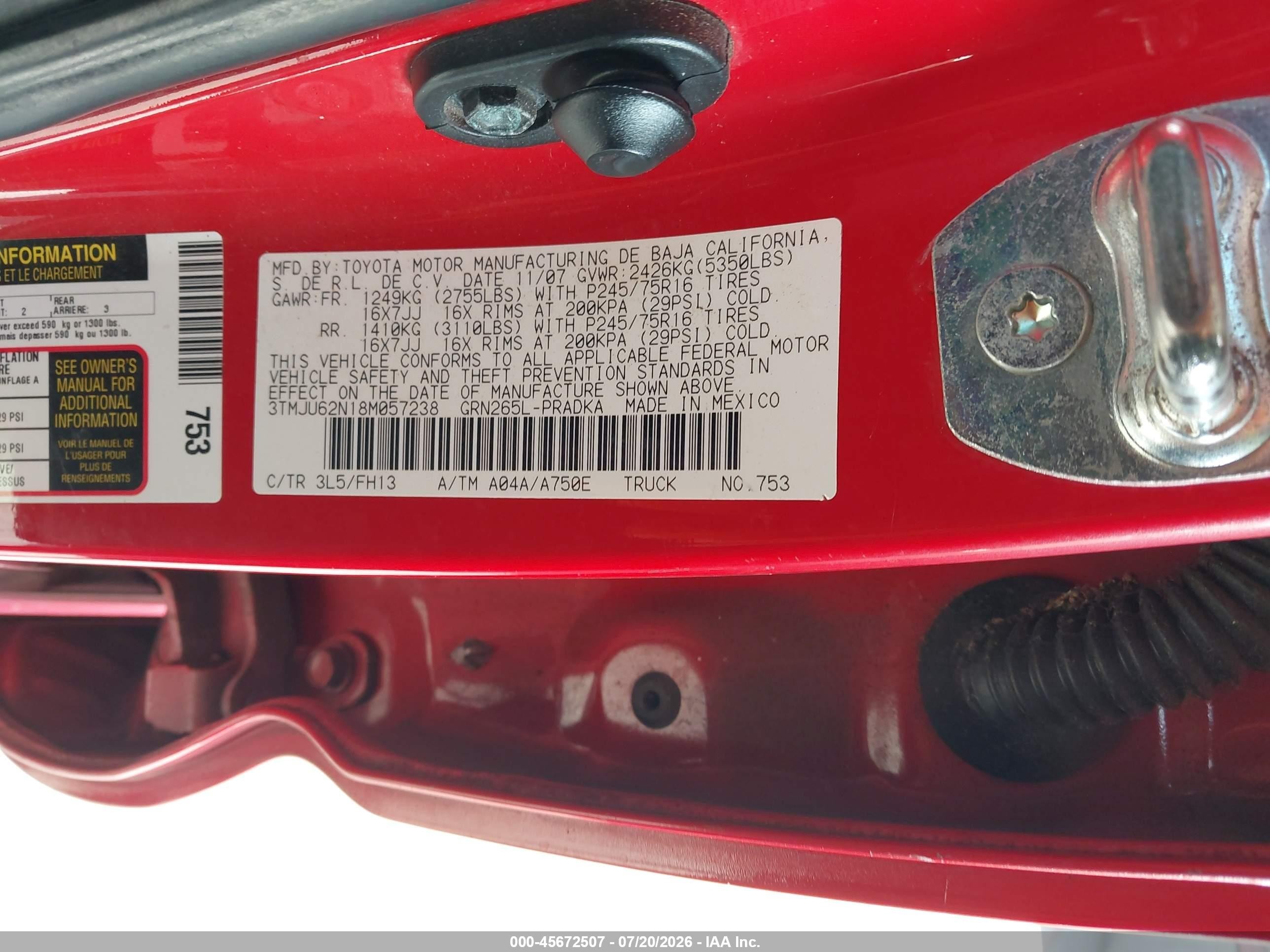 2008 Toyota Tacoma Prerunner V6 Red vin: 3TMJU62N18M057238