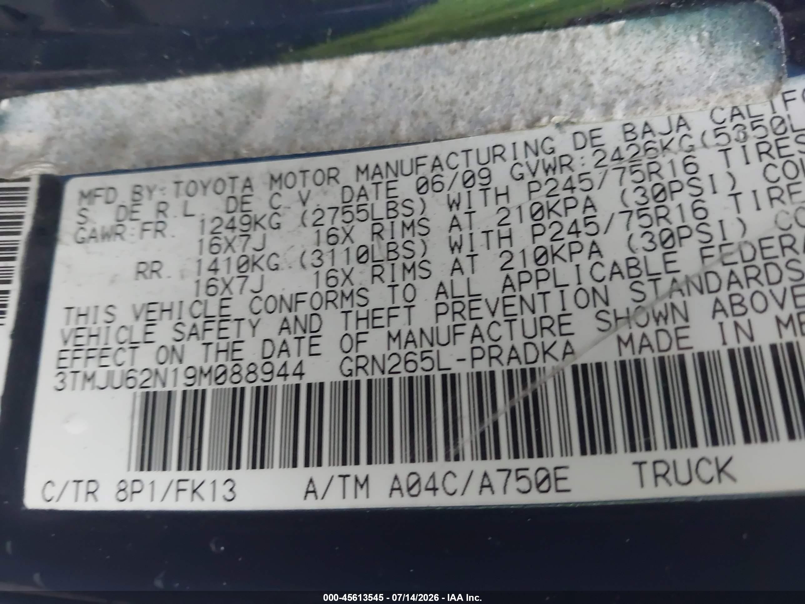 2009 Toyota Tacoma Prerunner V6 Blue vin: 3TMJU62N19M088944