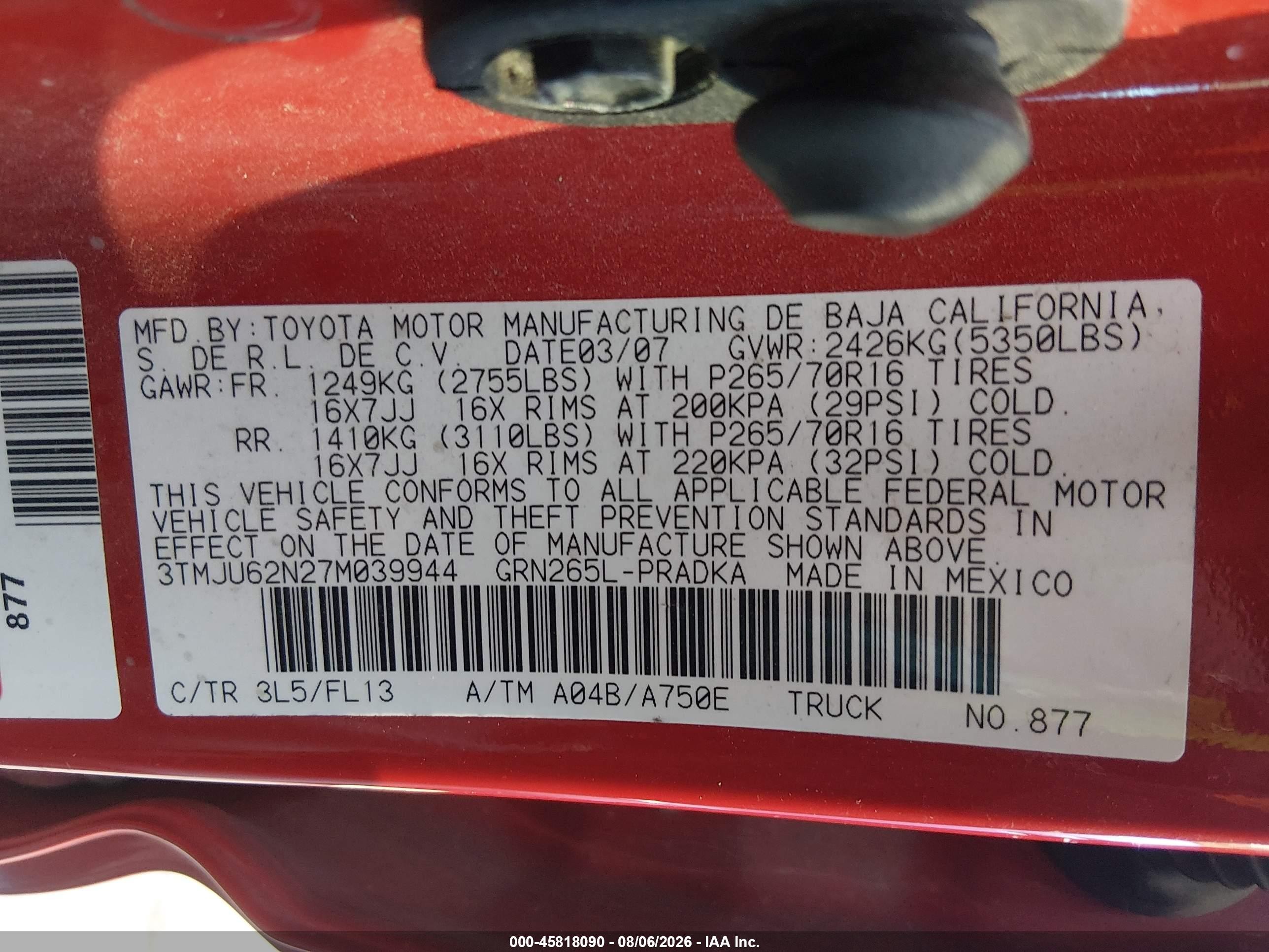 2007 Toyota Tacoma Double Cab Prerunner Red vin: 3TMJU62N27M039944