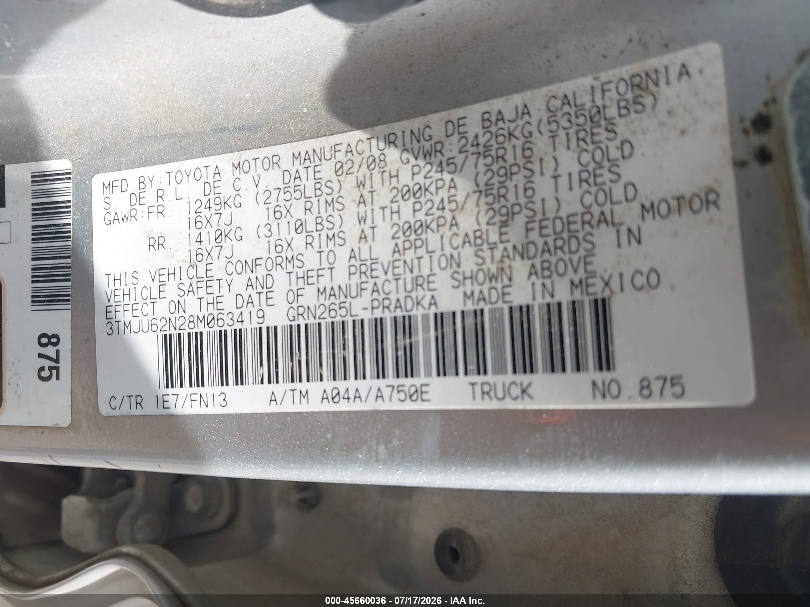 2008 Toyota Tacoma Prerunner V6 Gray vin: 3TMJU62N28M063419