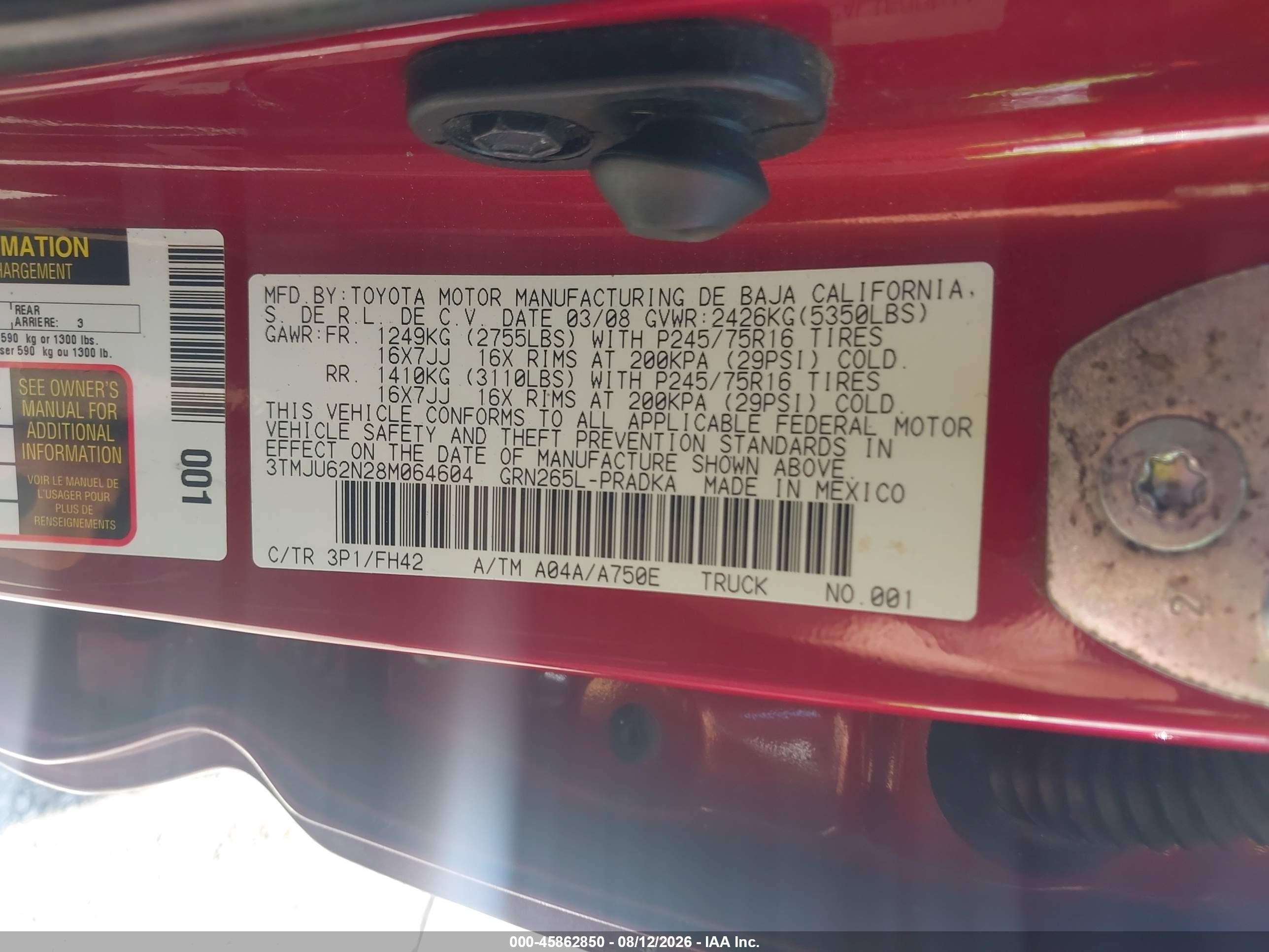 2008 Toyota Tacoma Prerunner V6 Red vin: 3TMJU62N28M064604