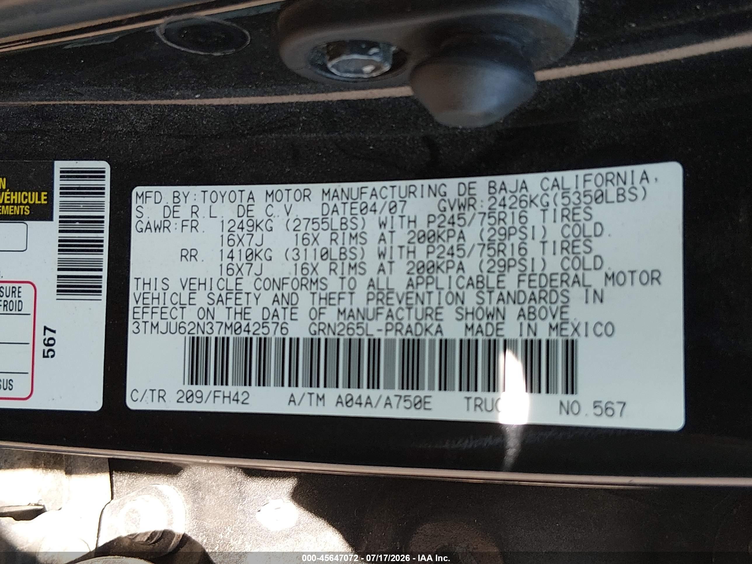2007 Toyota Tacoma Prerunner V6 Black vin: 3TMJU62N37M042576
