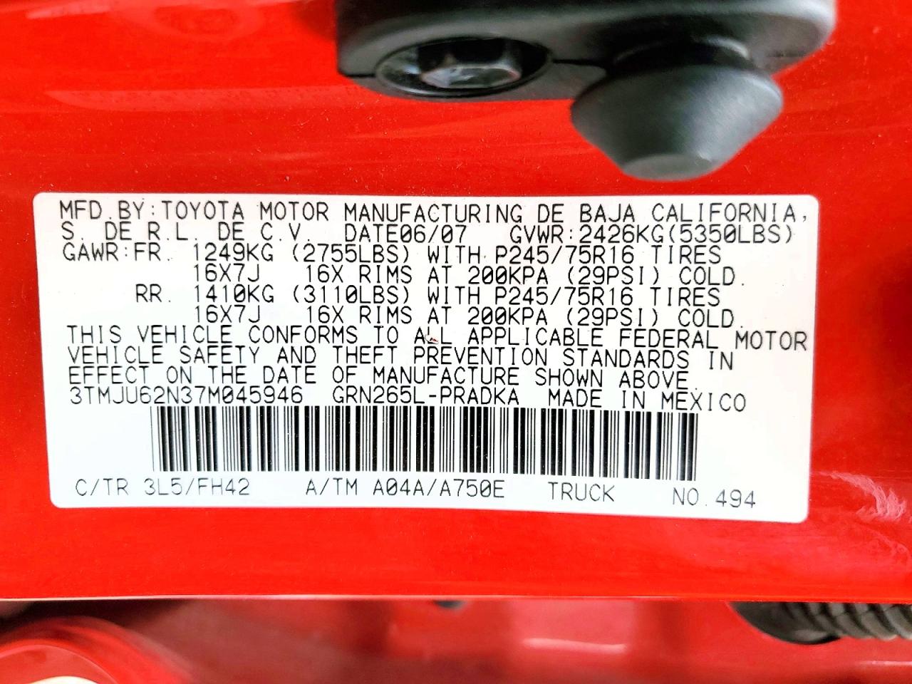 2007 Toyota Tacoma Double Cab Prerunner Red vin: 3TMJU62N37M045946