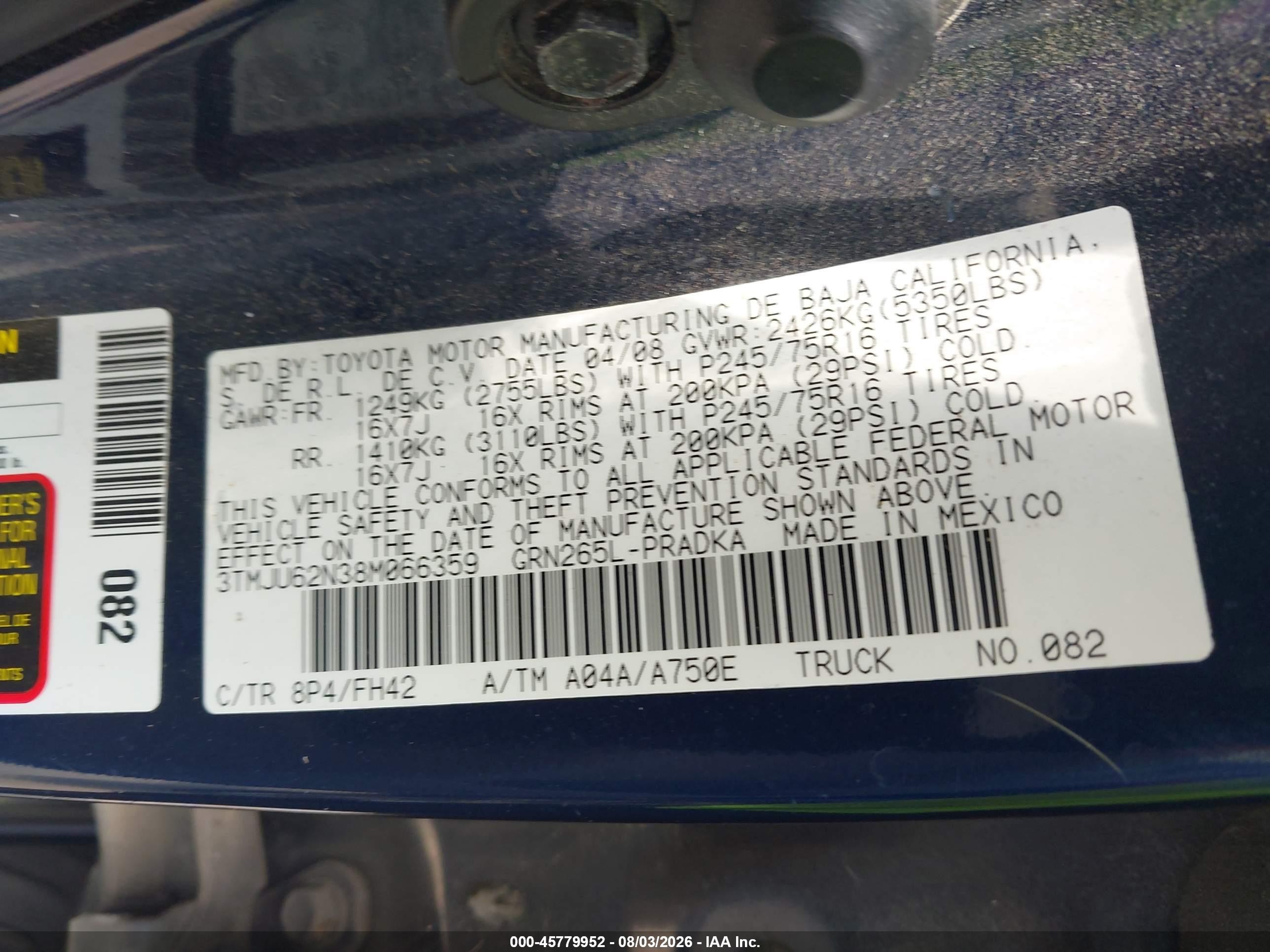 2008 Toyota Tacoma Prerunner V6 Blue vin: 3TMJU62N38M066359