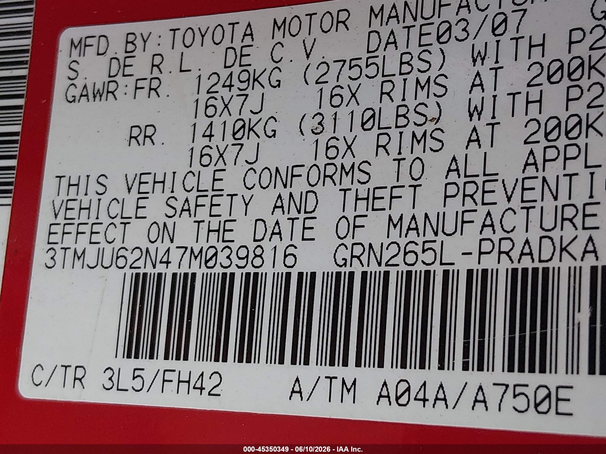 2007 Toyota Tacoma Prerunner V6 Red vin: 3TMJU62N47M039816