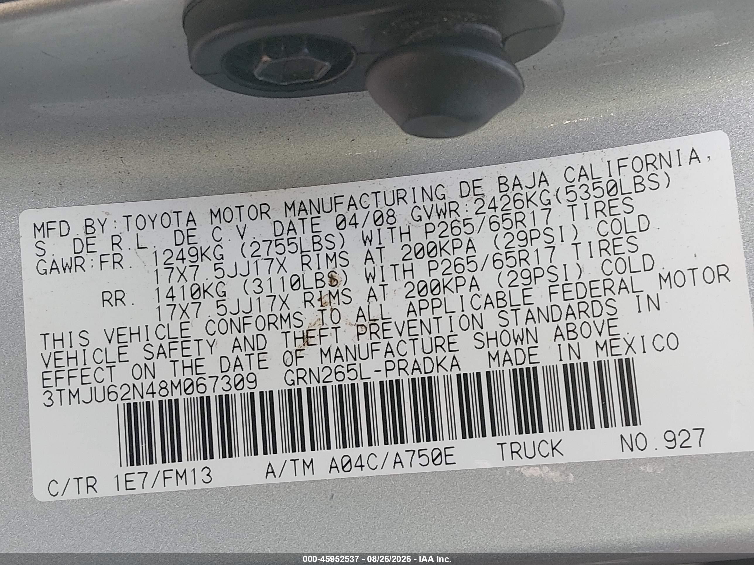 2008 Toyota Tacoma Prerunner V6 Gray vin: 3TMJU62N48M067309