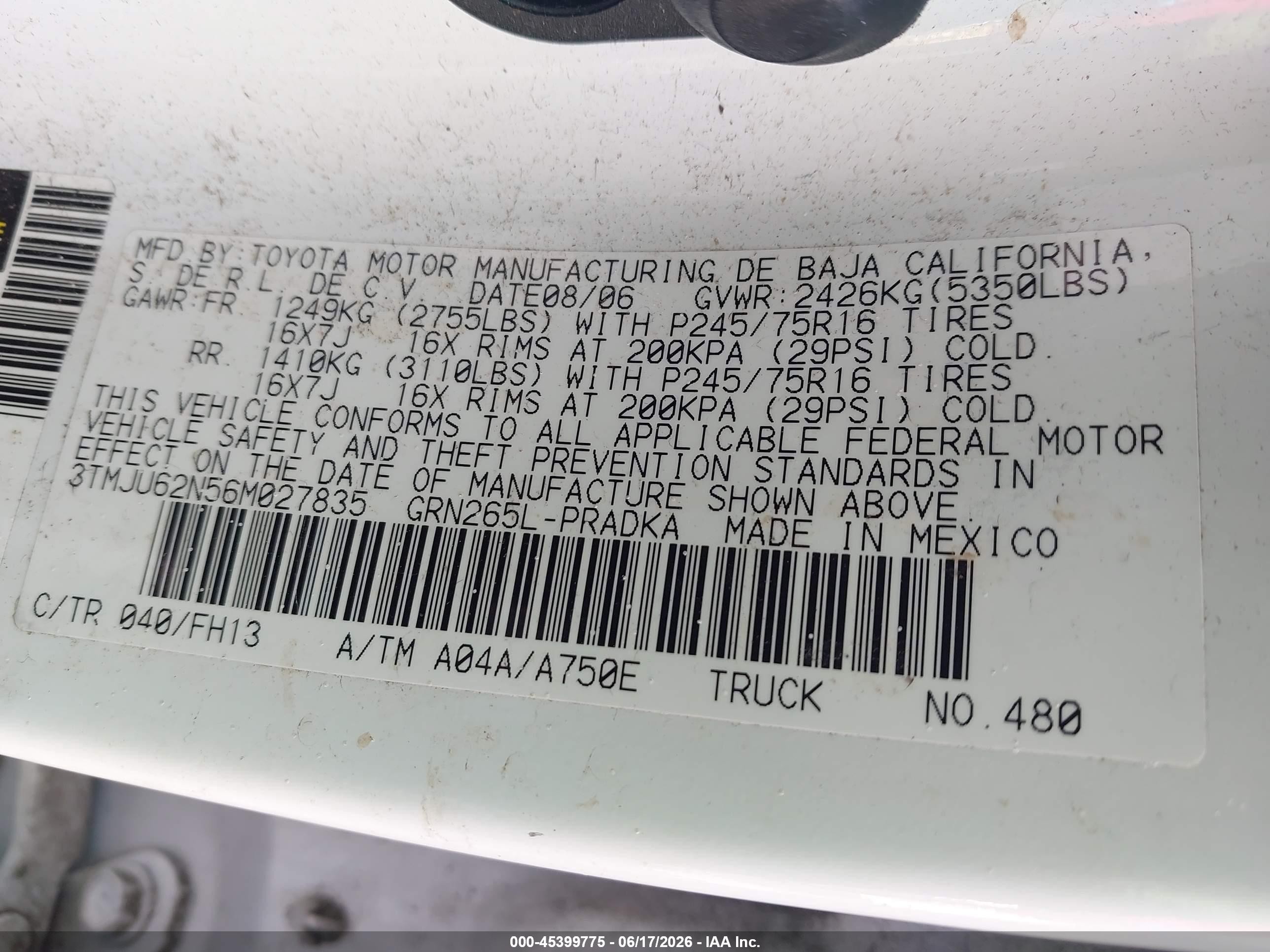 2006 Toyota Tacoma Prerunner V6 White vin: 3TMJU62N56M027835