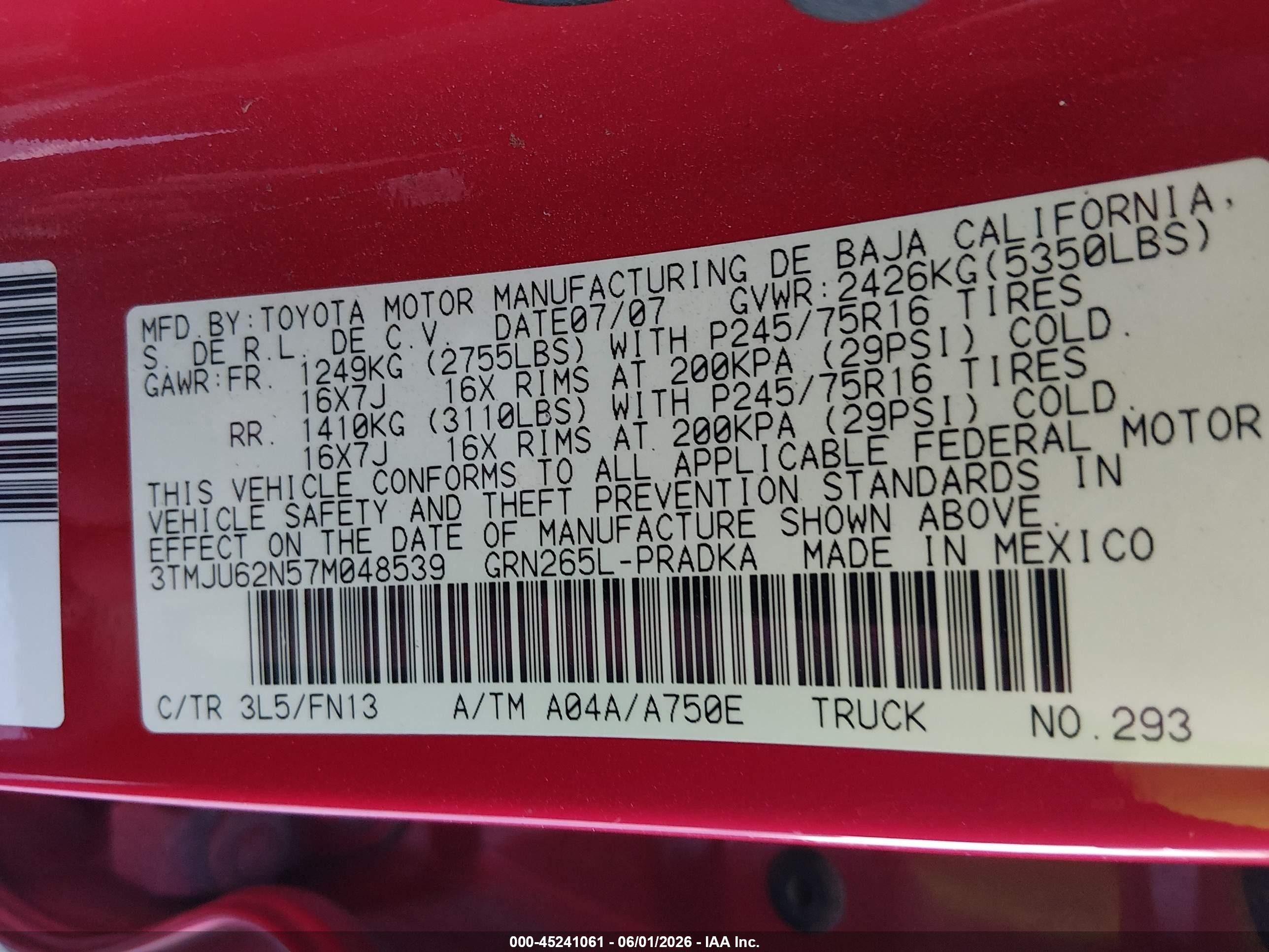 2007 Toyota Tacoma Prerunner V6 Red vin: 3TMJU62N57M048539
