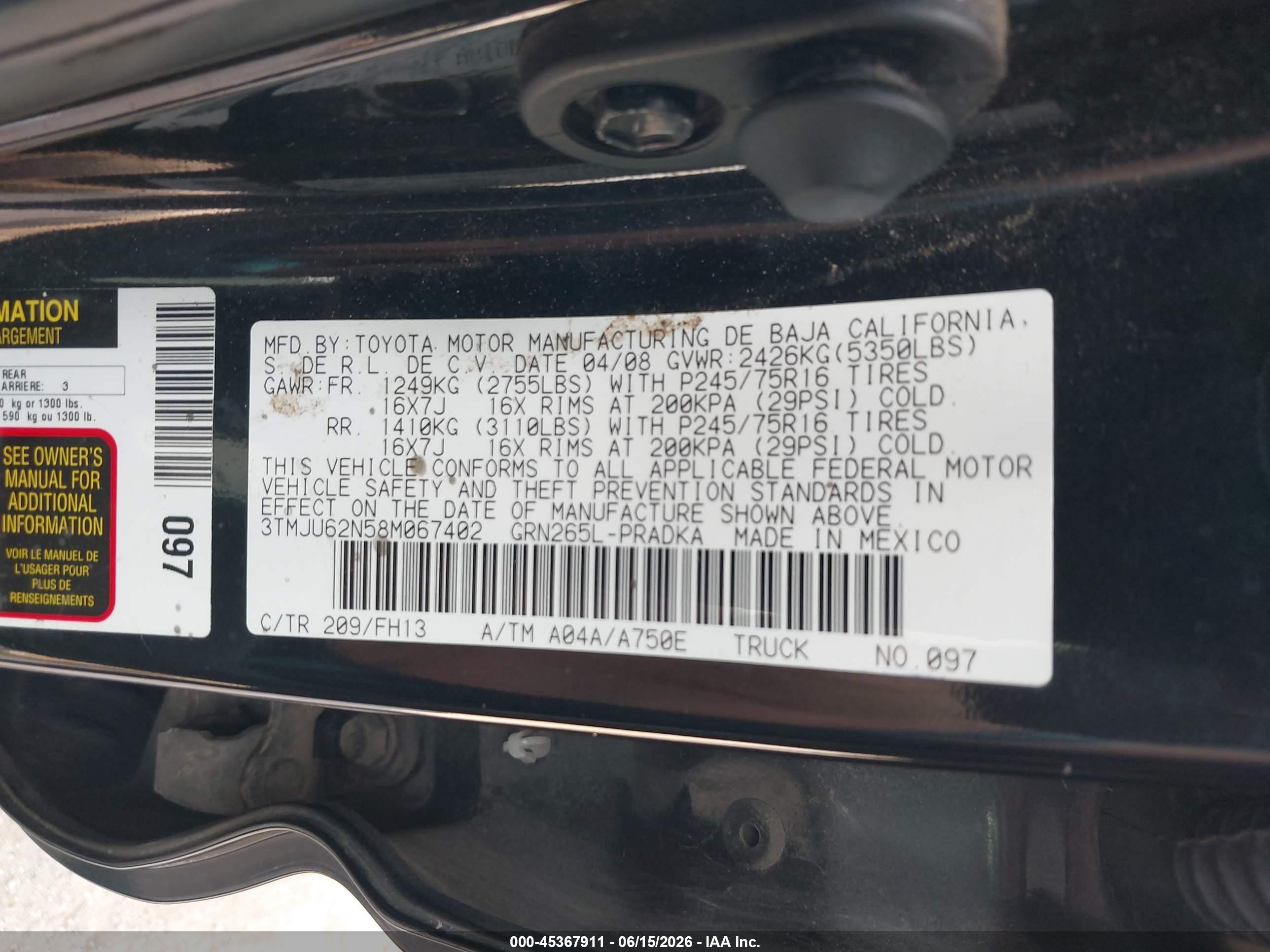 2008 Toyota Tacoma Prerunner V6 Черный vin: 3TMJU62N58M067402
