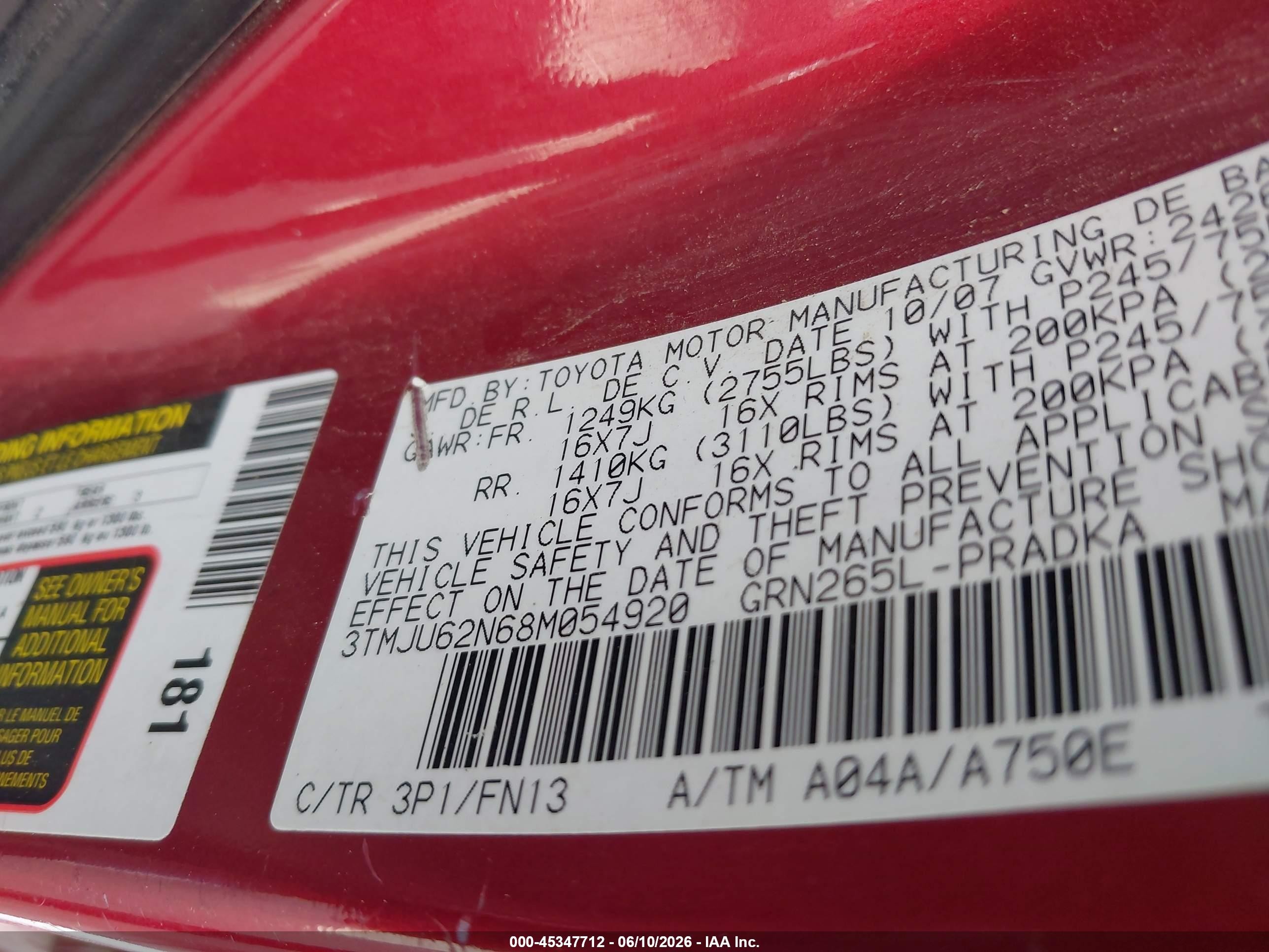 2008 Toyota Tacoma Prerunner V6 Red vin: 3TMJU62N68M054920