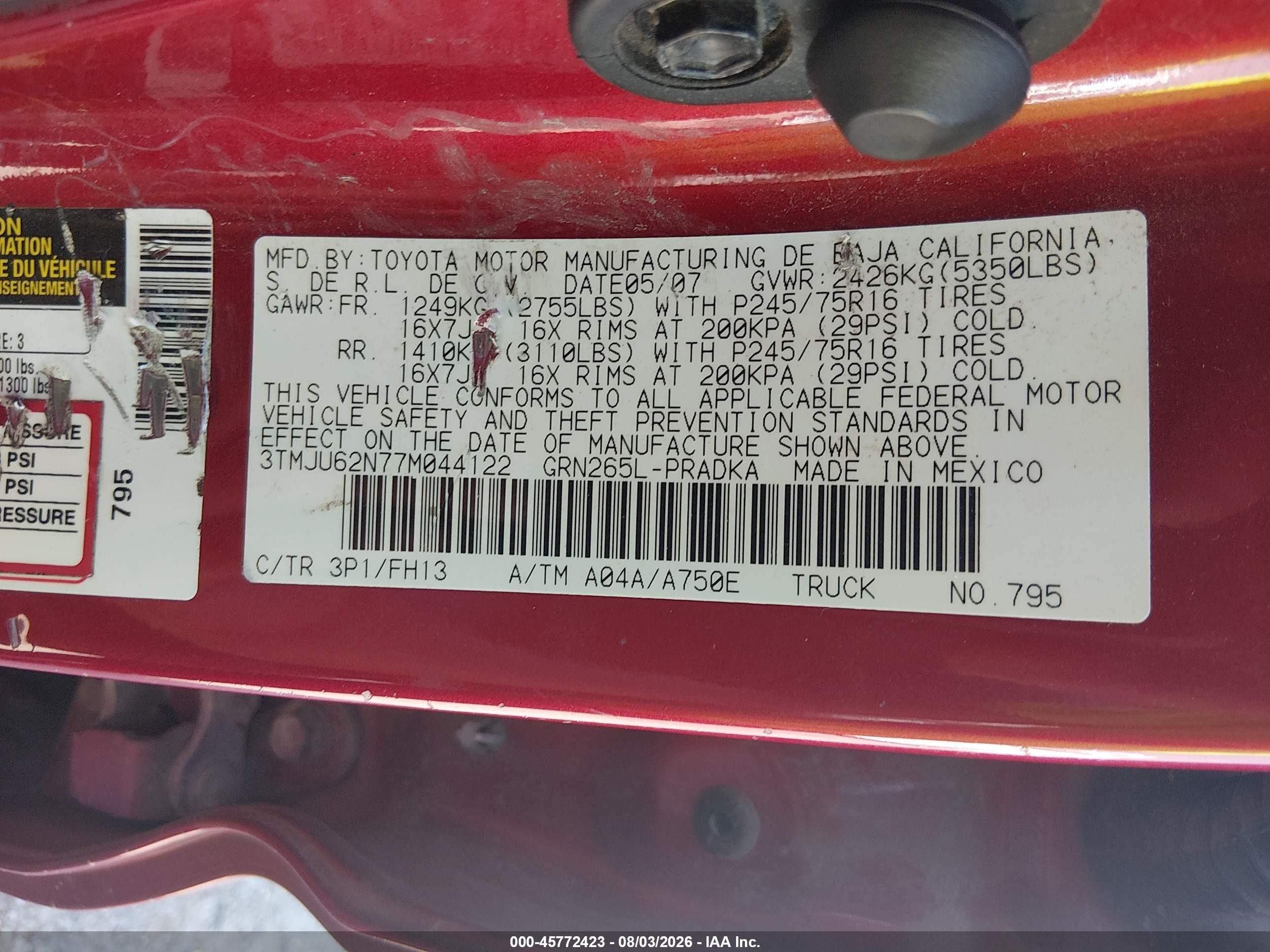 2007 Toyota Tacoma Prerunner V6 Red vin: 3TMJU62N77M044122