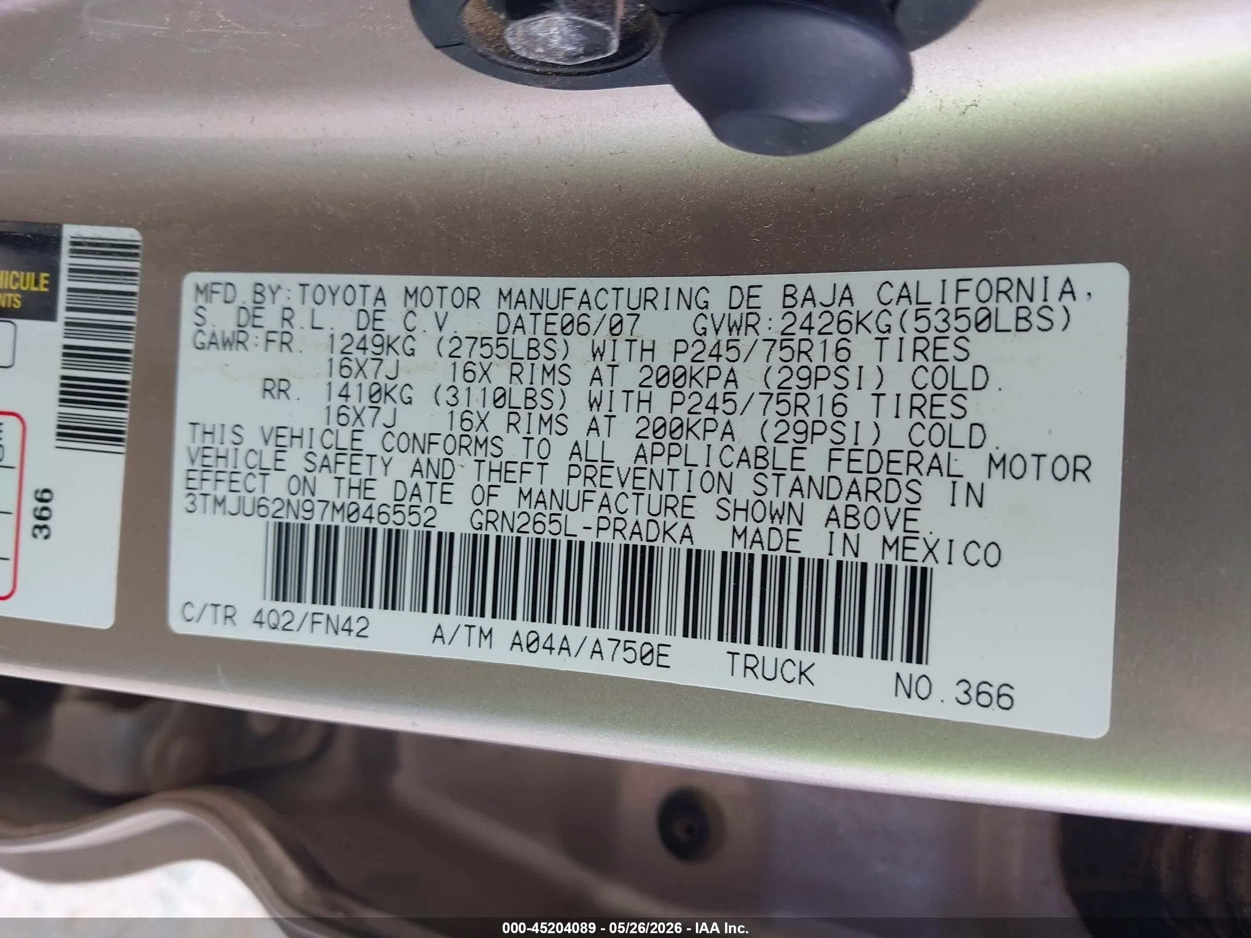 2007 Toyota Tacoma Prerunner V6 Tan vin: 3TMJU62N97M046552