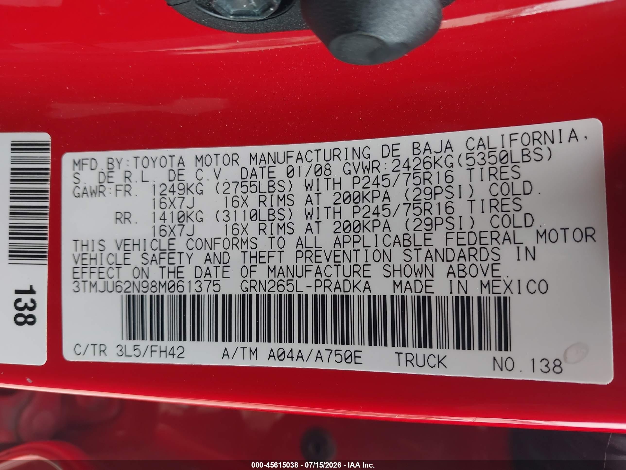2008 Toyota Tacoma Prerunner V6 Red vin: 3TMJU62N98M061375