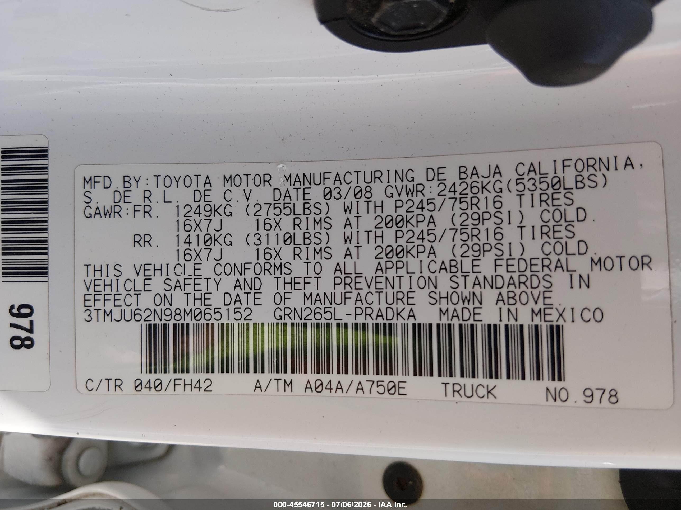 2008 Toyota Tacoma Prerunner V6 White vin: 3TMJU62N98M065152