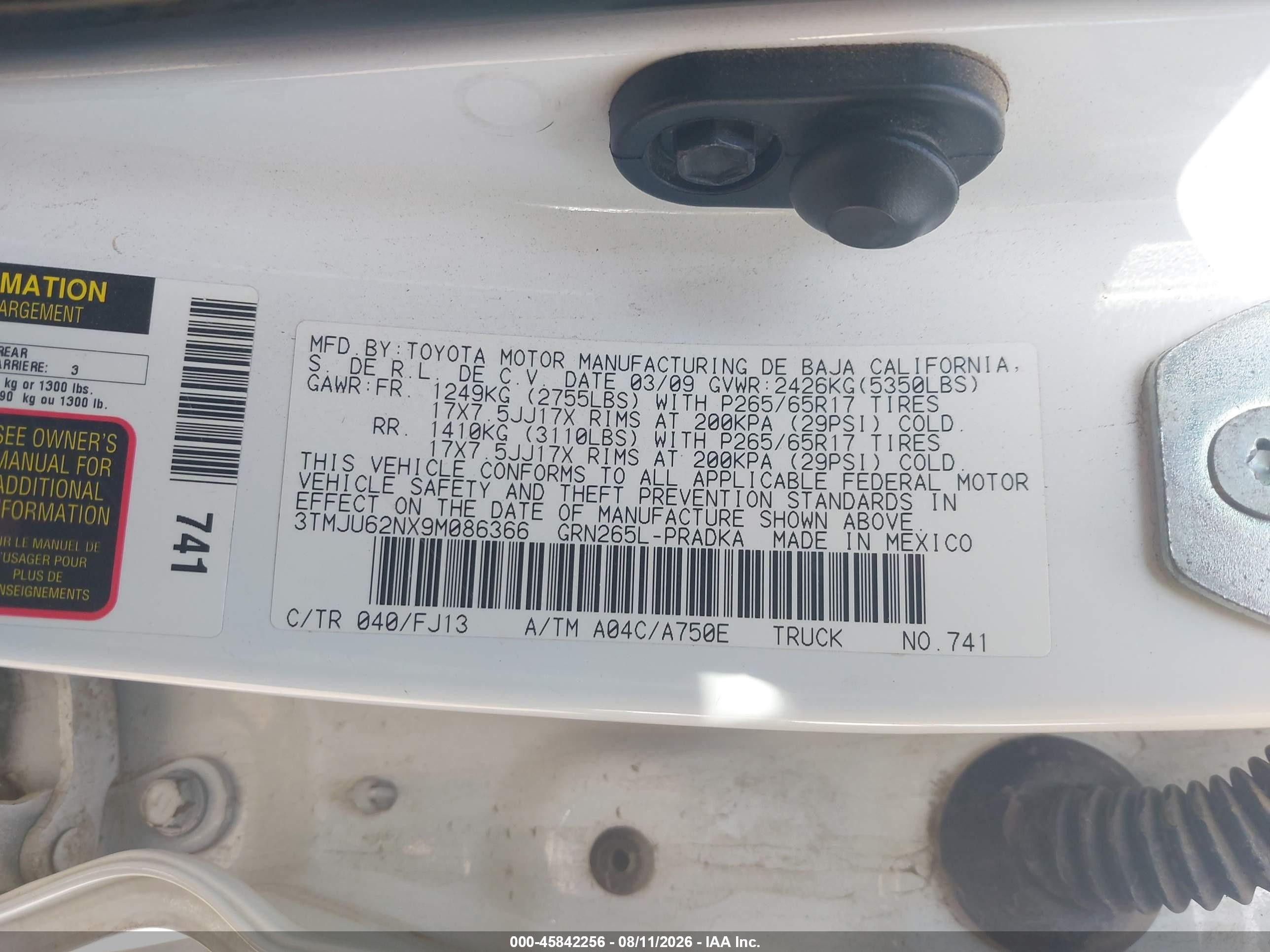 2009 Toyota Tacoma Prerunner V6 White vin: 3TMJU62NX9M086366