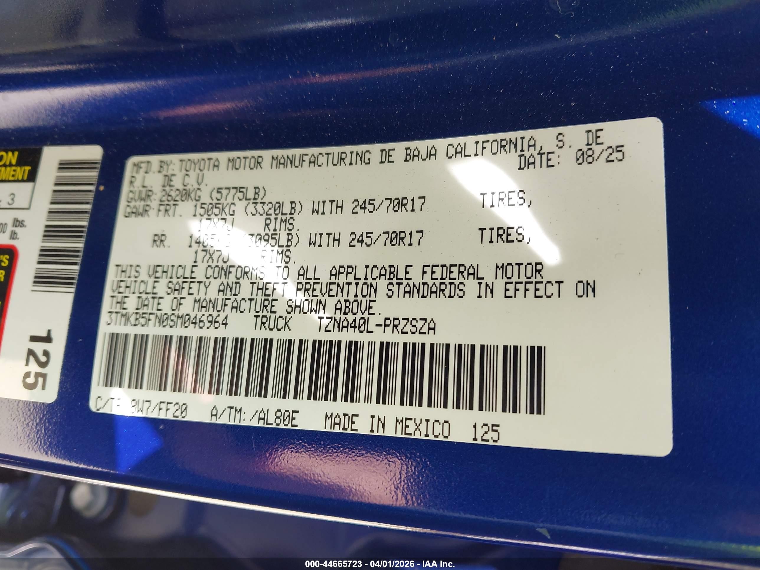 2025 Toyota Tacoma Sr5 Blue vin: 3TMKB5FN0SM046964