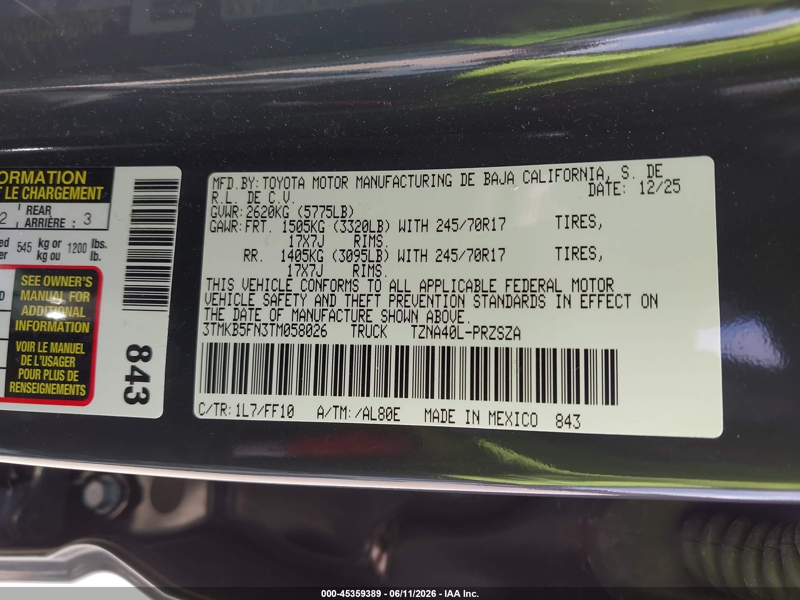 2026 Toyota Tacoma Sr5 Черный vin: 3TMKB5FN3TM058026