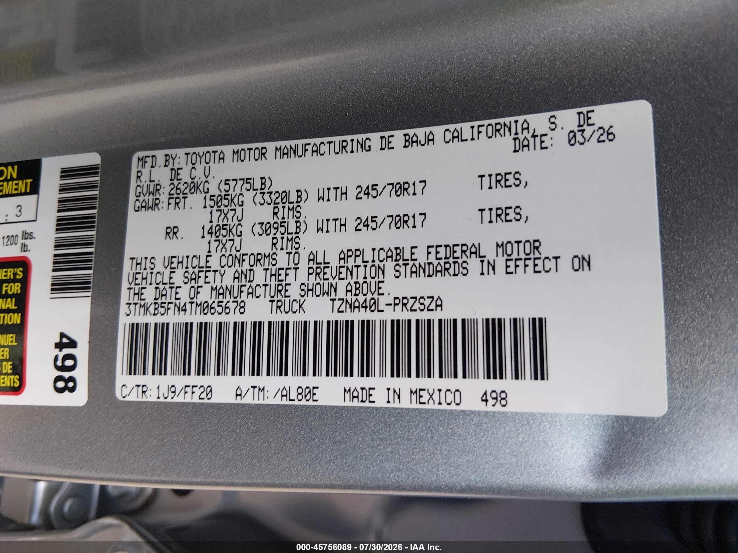 2026 Toyota Tacoma Sr5 Silver vin: 3TMKB5FN4TM065678