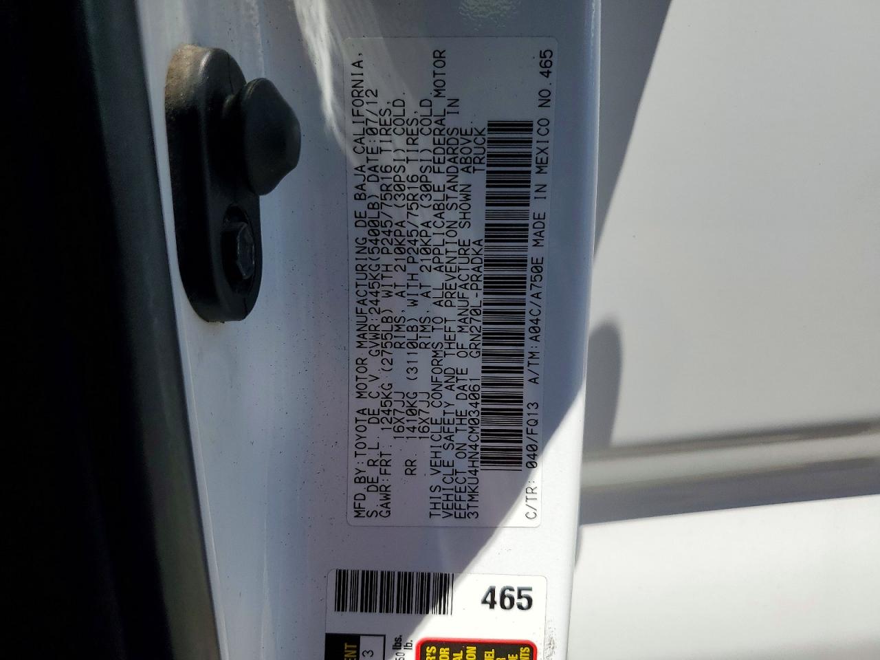 2012 Toyota Tacoma Double Cab Prerunner Long Bed White vin: 3TMKU4HN4CM034061