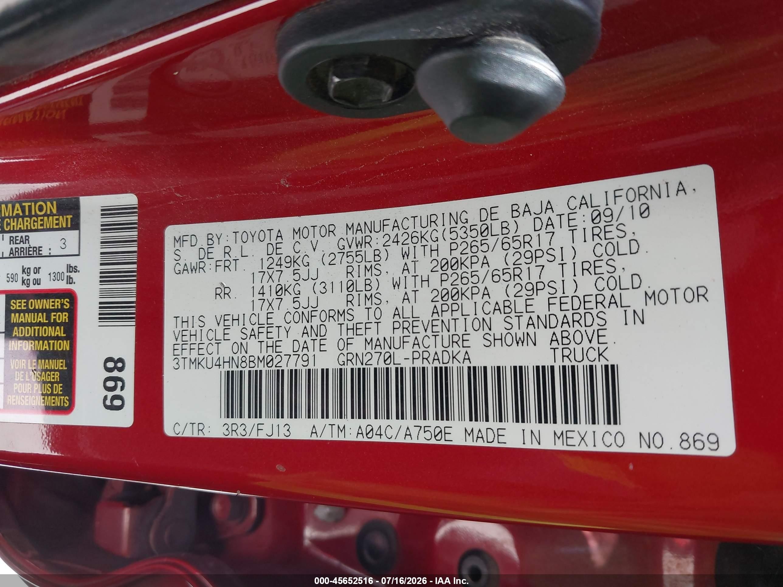 2011 Toyota Tacoma Prerunner V6 Red vin: 3TMKU4HN8BM027791