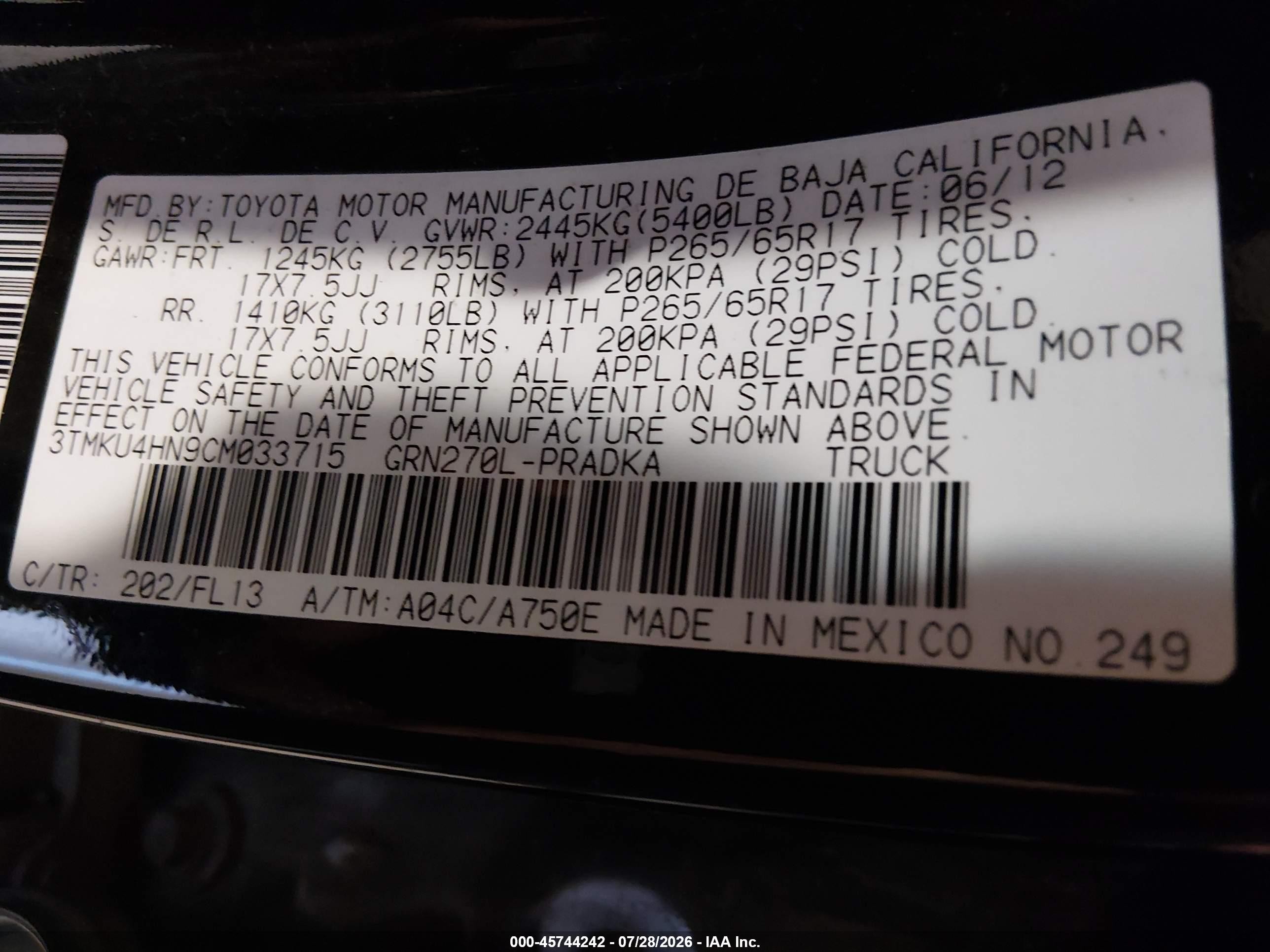 2012 Toyota Tacoma Prerunner V6 Black vin: 3TMKU4HN9CM033715
