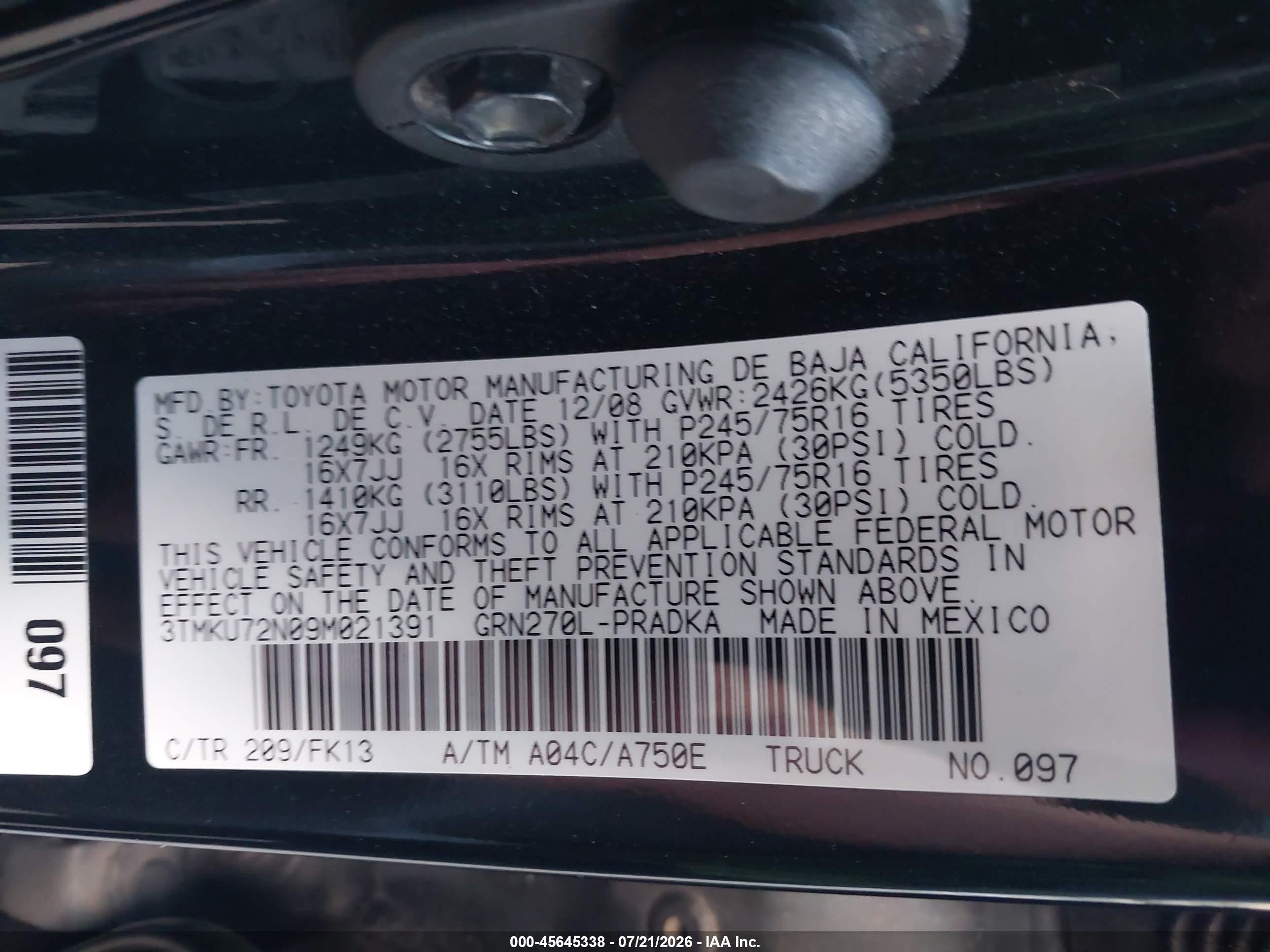 2009 Toyota Tacoma Prerunner V6 Black vin: 3TMKU72N09M021391
