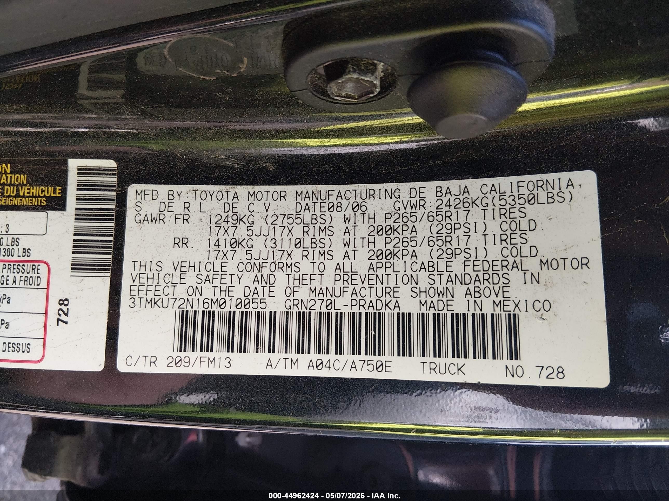 2006 Toyota Tacoma Prerunner V6 Черный vin: 3TMKU72N16M010055