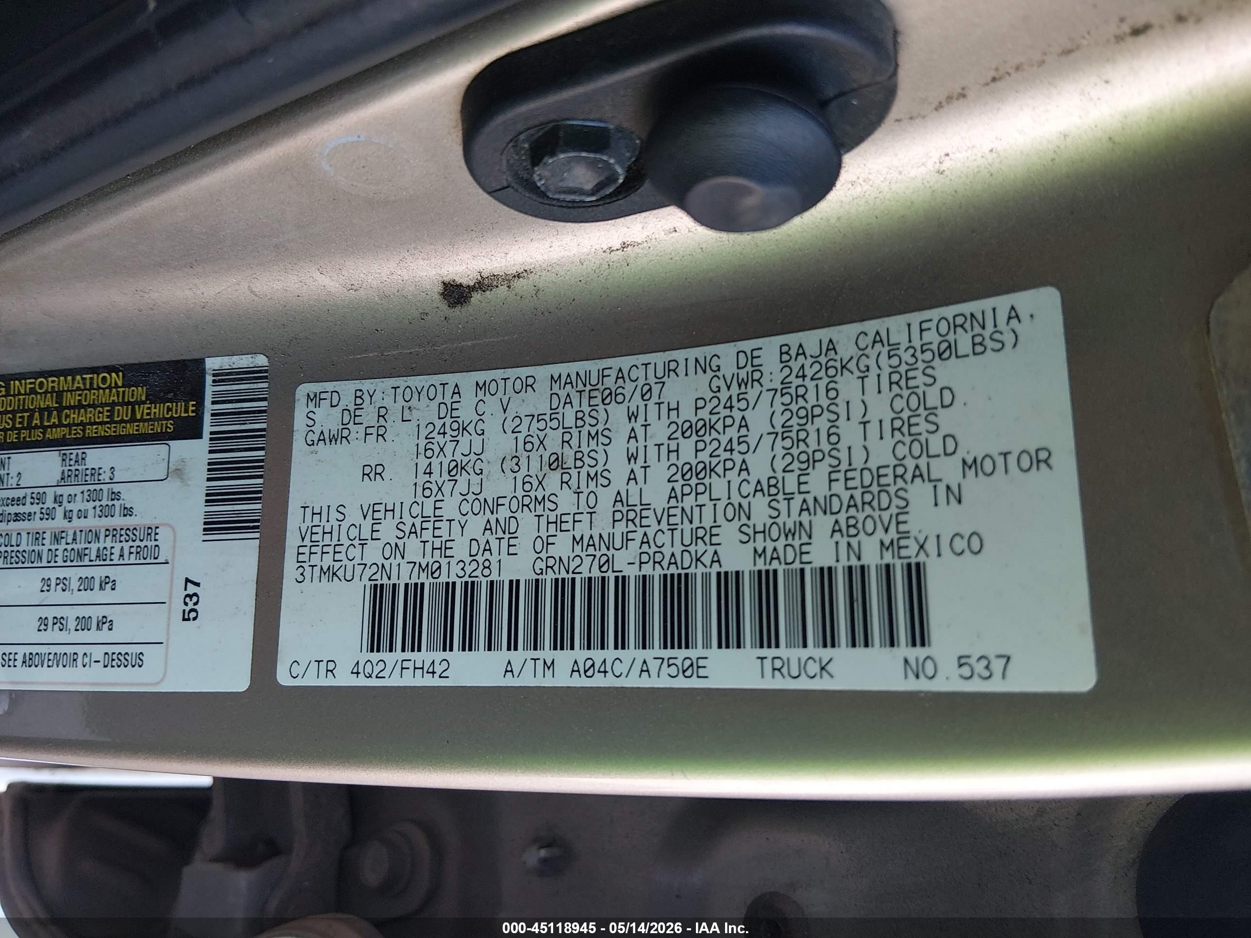 2007 Toyota Tacoma Prerunner V6 White vin: 3TMKU72N17M013281