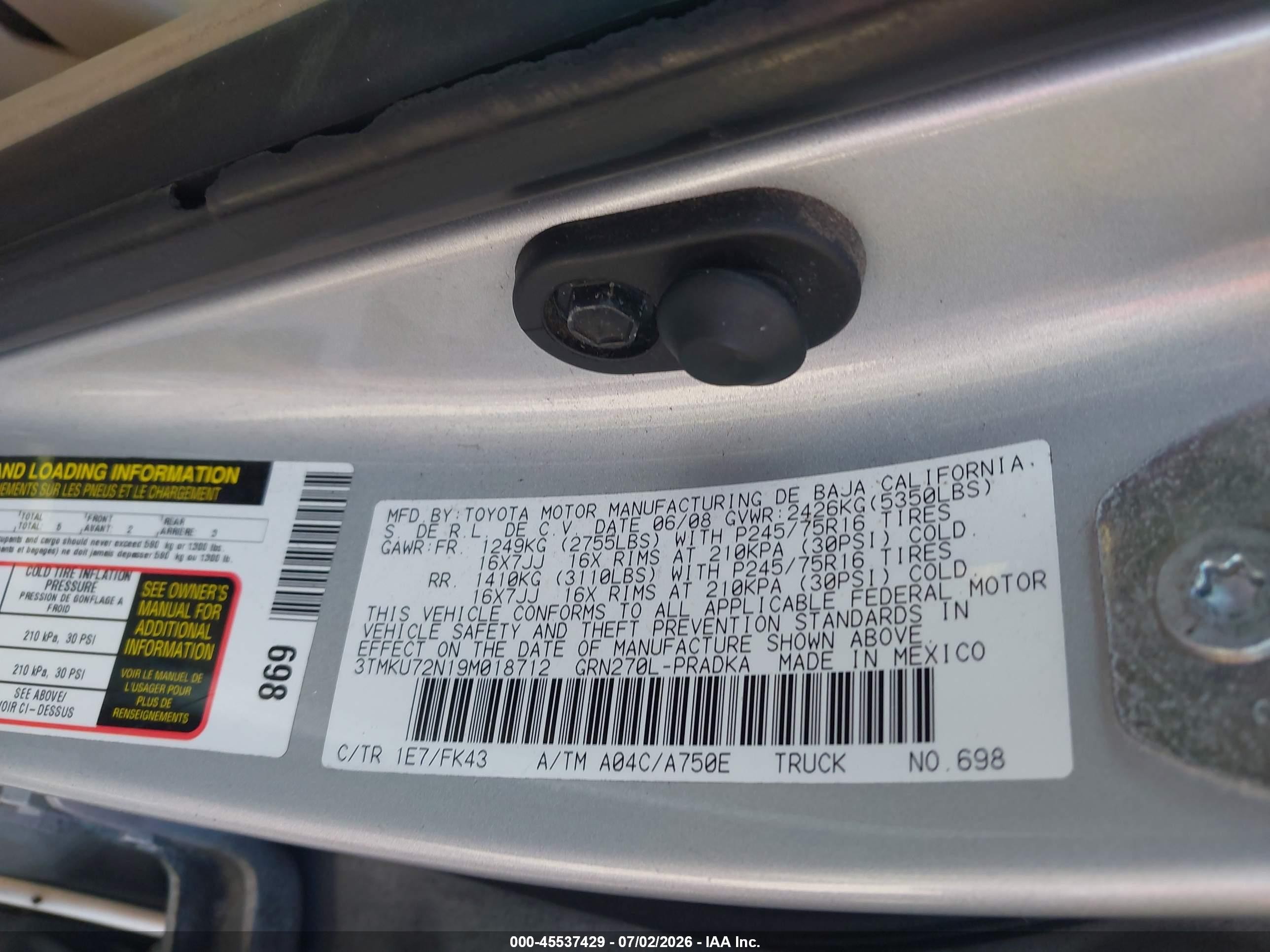 2009 Toyota Tacoma Prerunner V6 Silver vin: 3TMKU72N19M018712