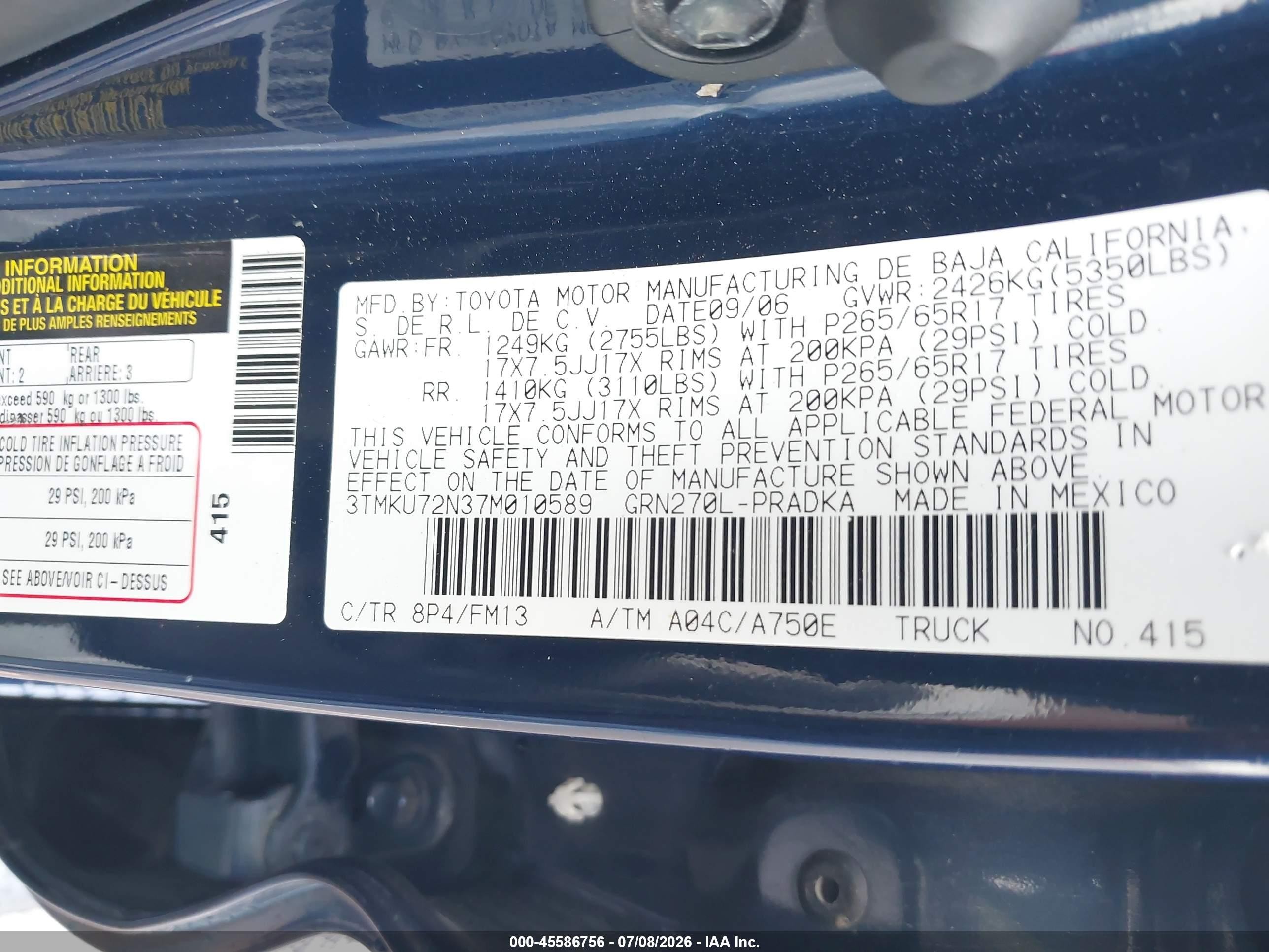 2007 Toyota Tacoma Prerunner V6 Blue vin: 3TMKU72N37M010589