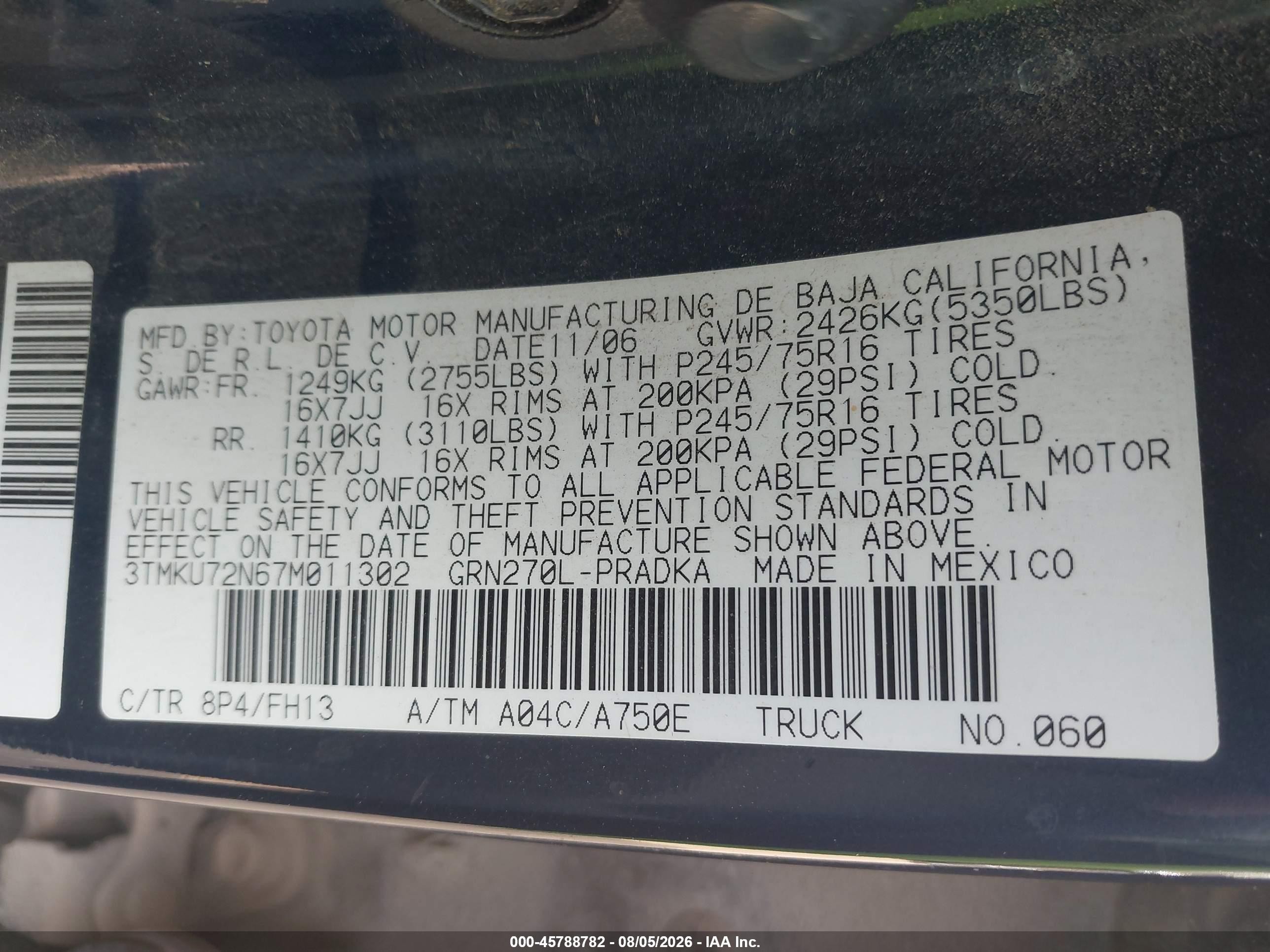 2007 Toyota Tacoma Prerunner V6 Blue vin: 3TMKU72N67M011302