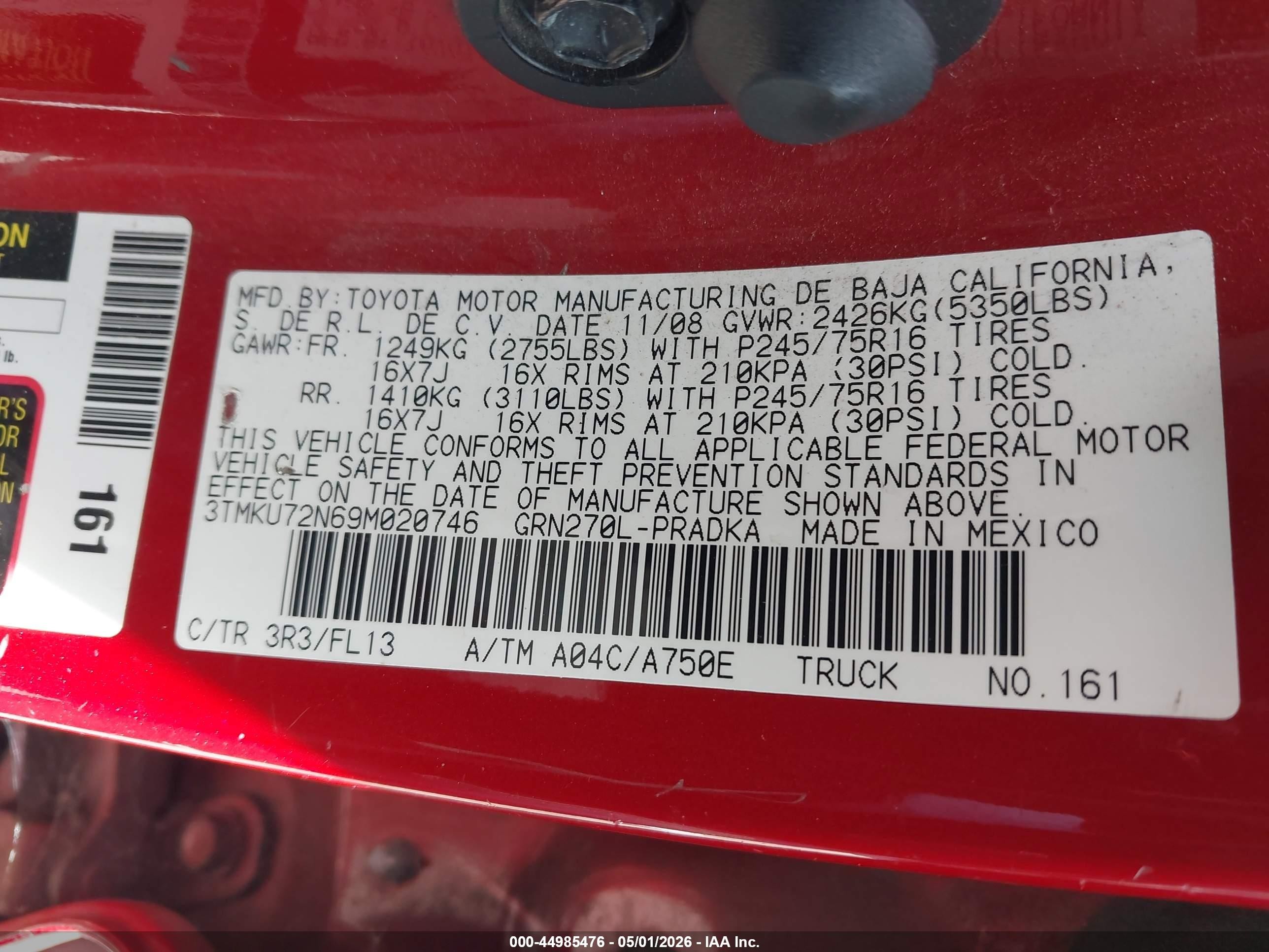 2009 Toyota Tacoma Prerunner V6 Red vin: 3TMKU72N69M020746