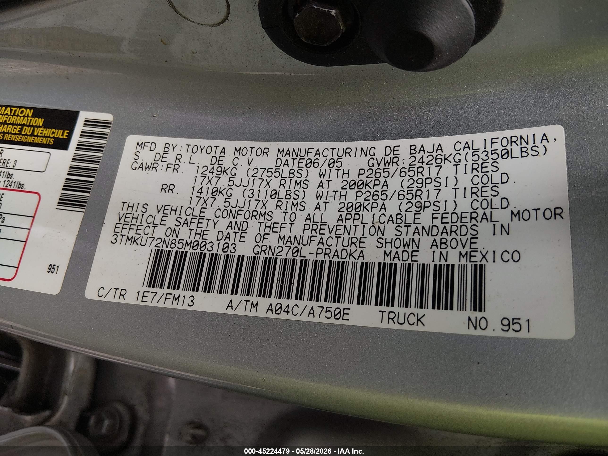 2005 Toyota Tacoma Prerunner V6 Silver vin: 3TMKU72N85M003103
