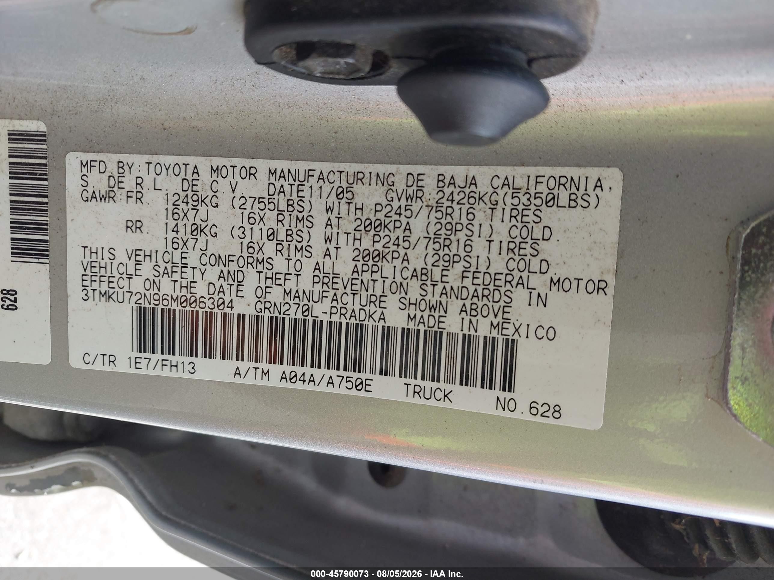 2006 Toyota Tacoma Prerunner V6 Серебряный vin: 3TMKU72N96M006304