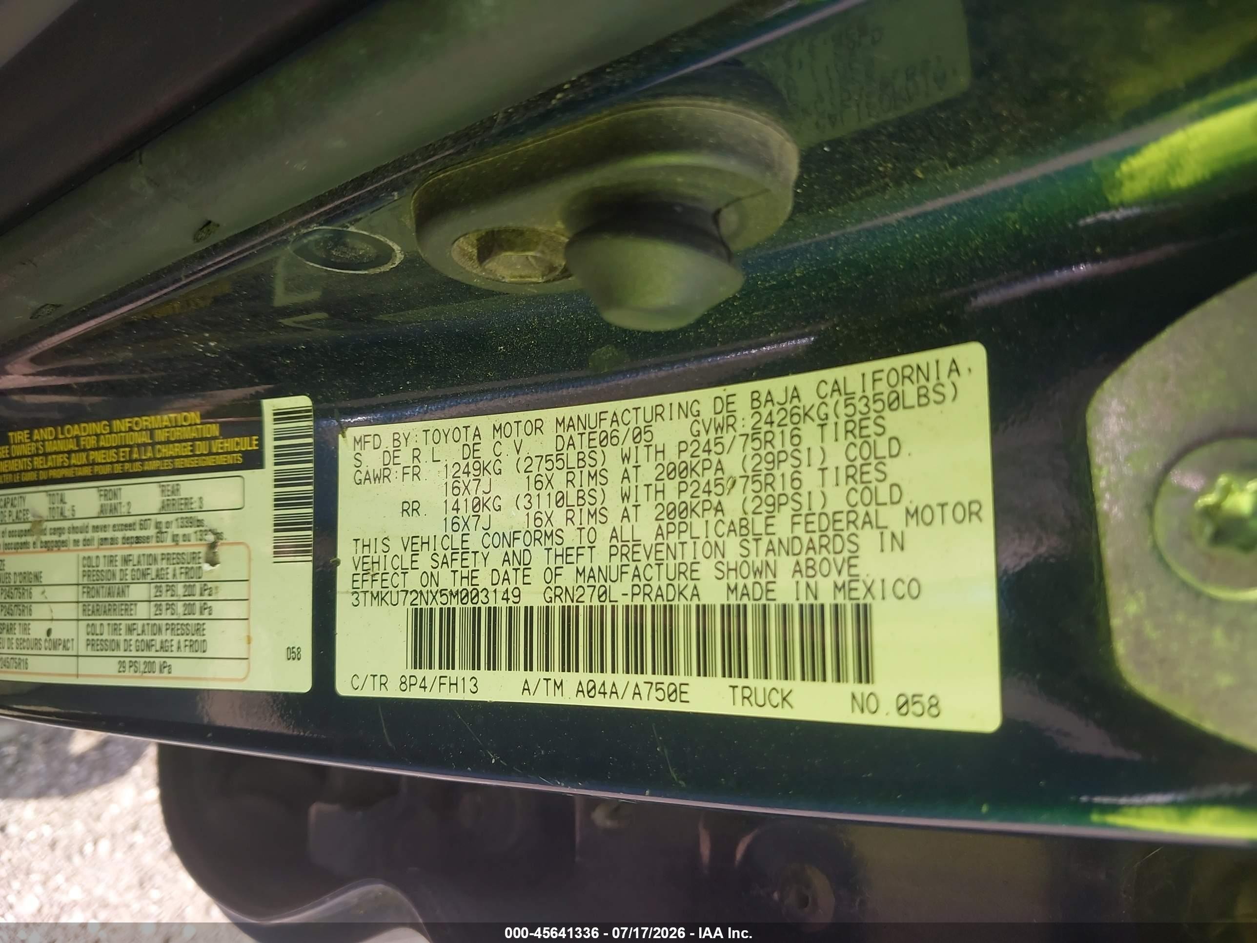 2005 Toyota Tacoma Dbl Cab Prerunner Lng Bed Blue vin: 3TMKU72NX5M003149