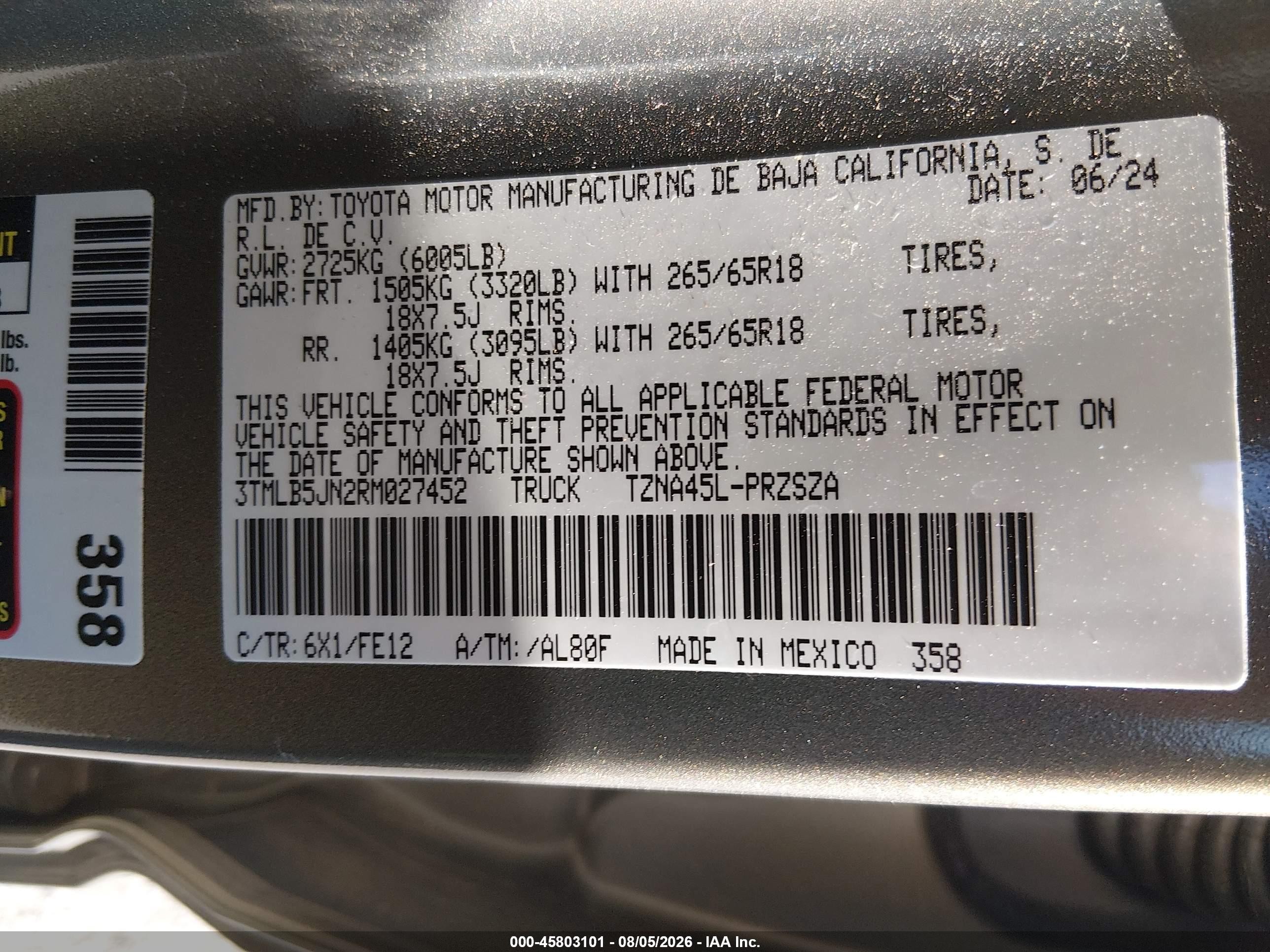 2024 Toyota Tacoma Trd Sport Pewter vin: 3TMLB5JN2RM027452