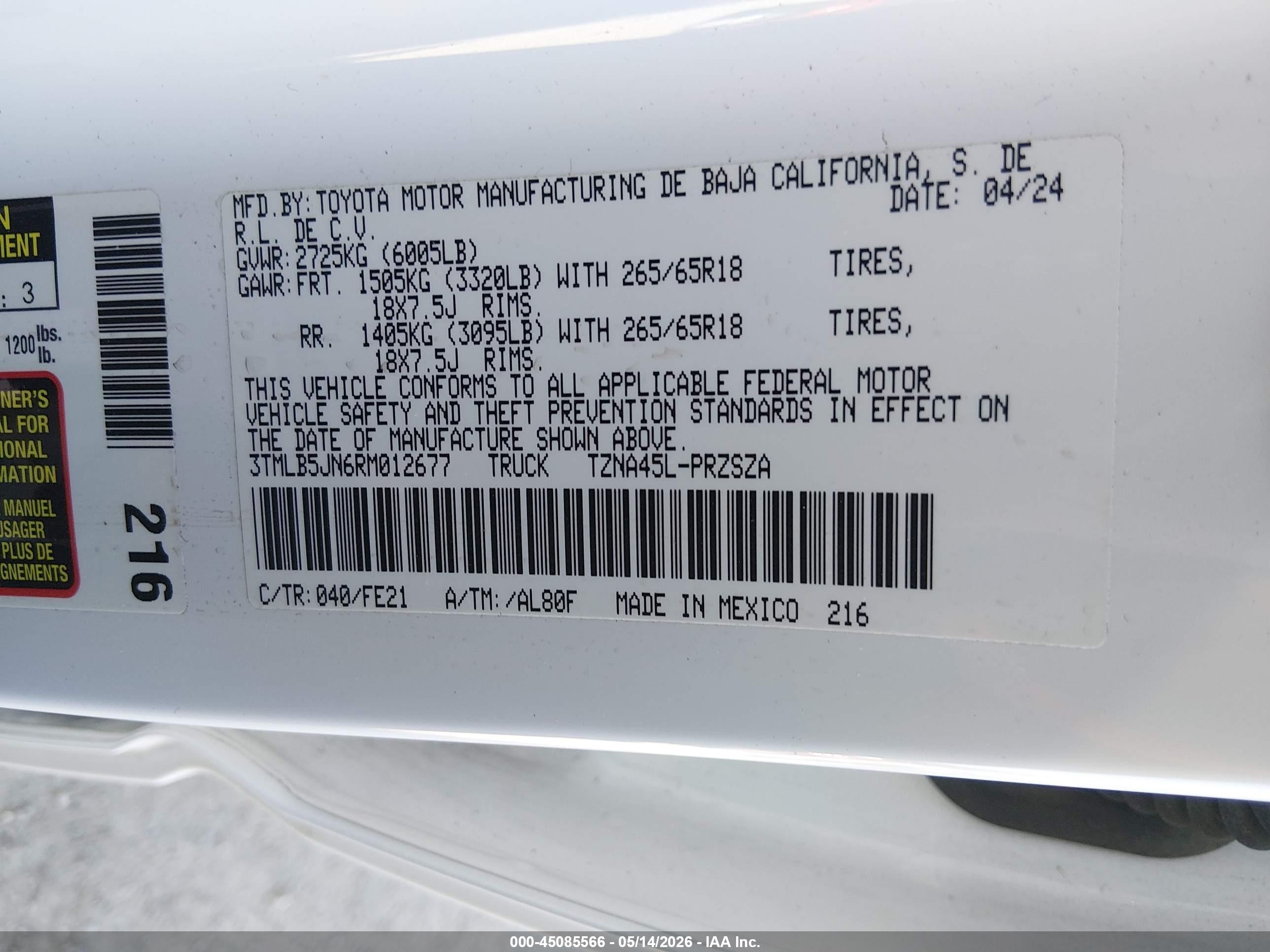 2024 Toyota Tacoma Trd Sport White vin: 3TMLB5JN6RM012677
