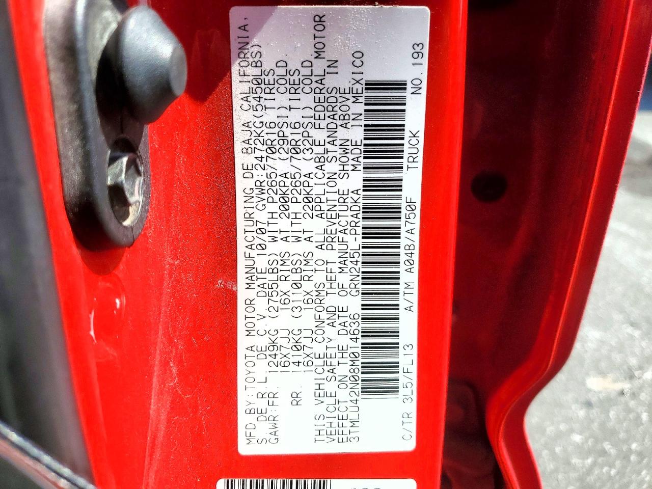 2008 Toyota Tacoma V6 Red vin: 3TMLU42N08M014636