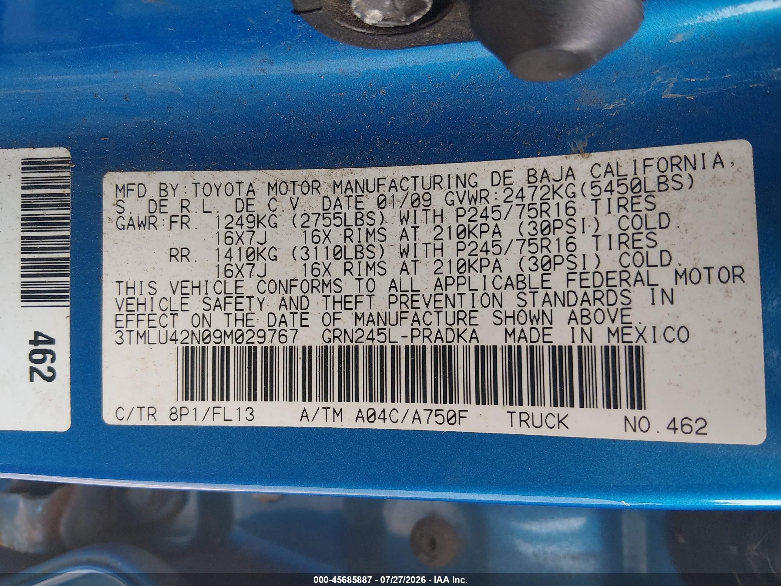 2009 Toyota Tacoma Base V6 Blue vin: 3TMLU42N09M029767