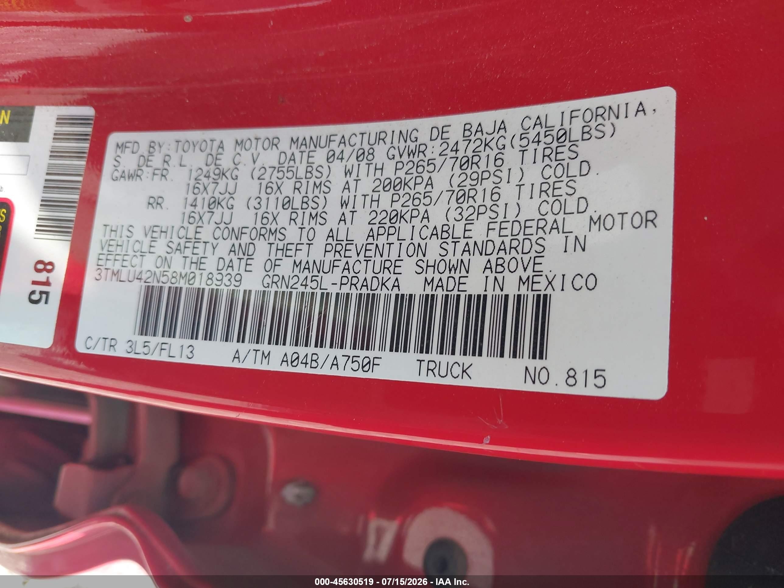 2008 Toyota Tacoma Base V6 Red vin: 3TMLU42N58M018939