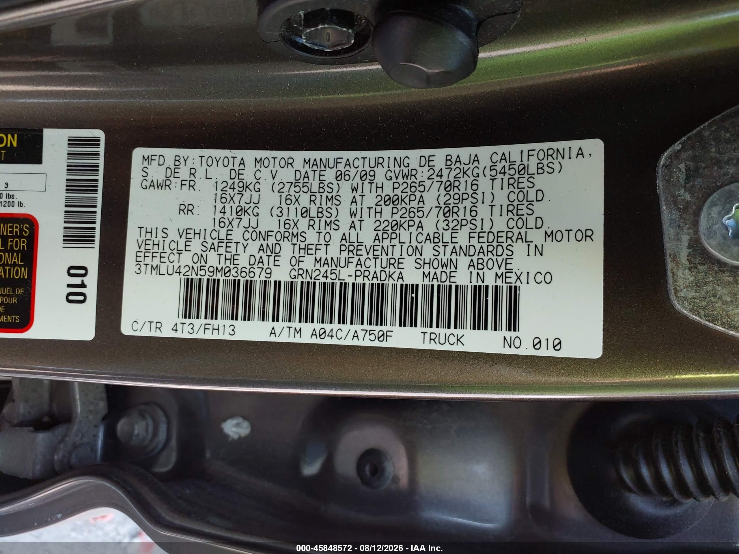 2009 Toyota Tacoma Base V6 Gold vin: 3TMLU42N59M036679