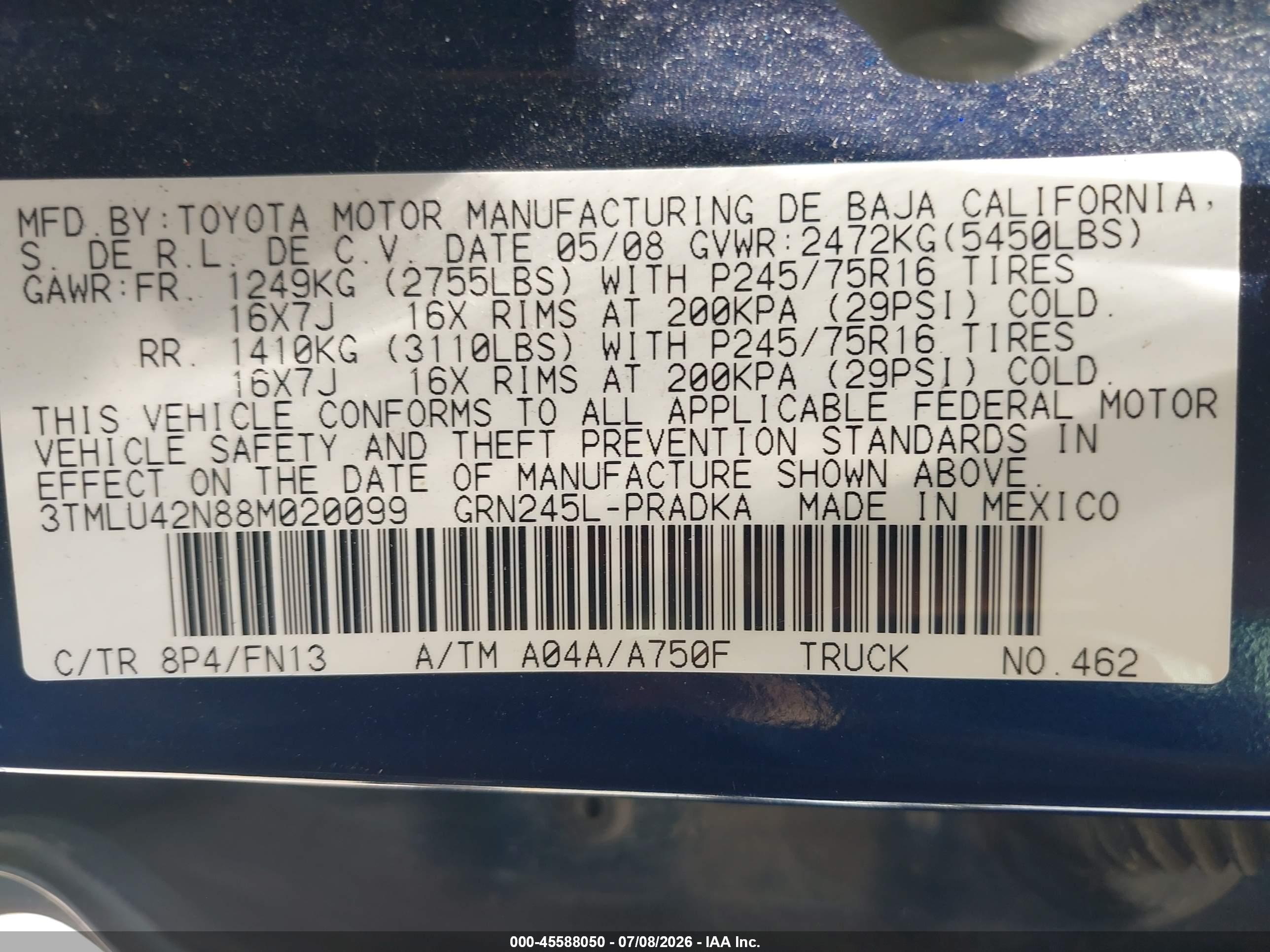 2008 Toyota Tacoma Base V6 Blue vin: 3TMLU42N88M020099