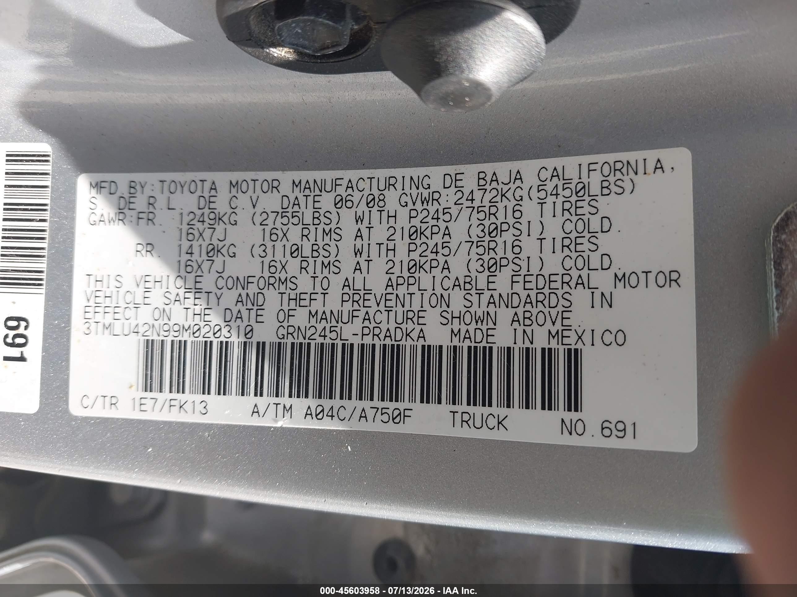 2009 Toyota Tacoma Base V6 Silver vin: 3TMLU42N99M020310