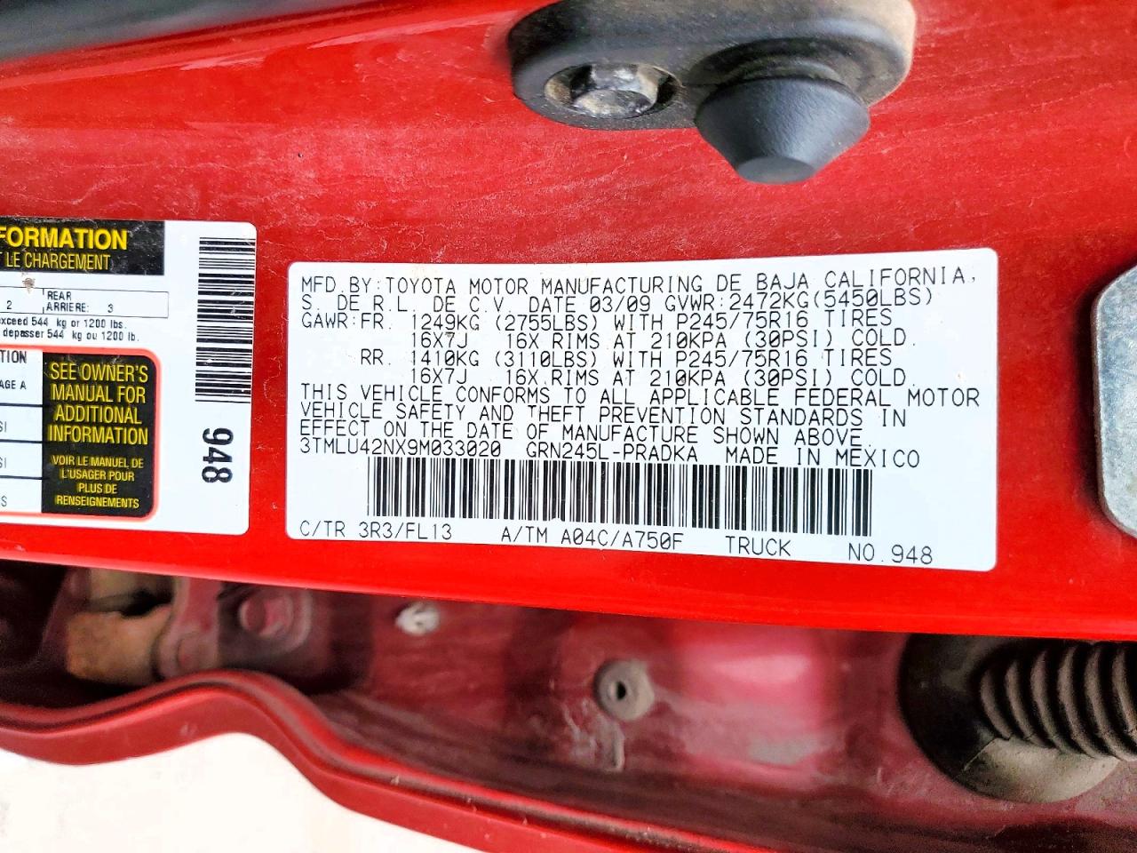 2009 Toyota Tacoma Double Cab Red vin: 3TMLU42NX9M033020