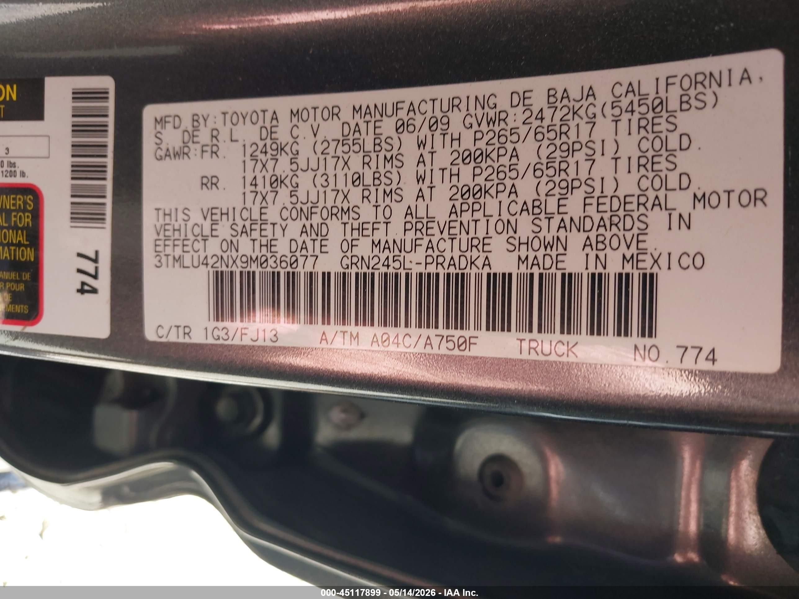 2009 Toyota Tacoma Base V6 Gray vin: 3TMLU42NX9M036077
